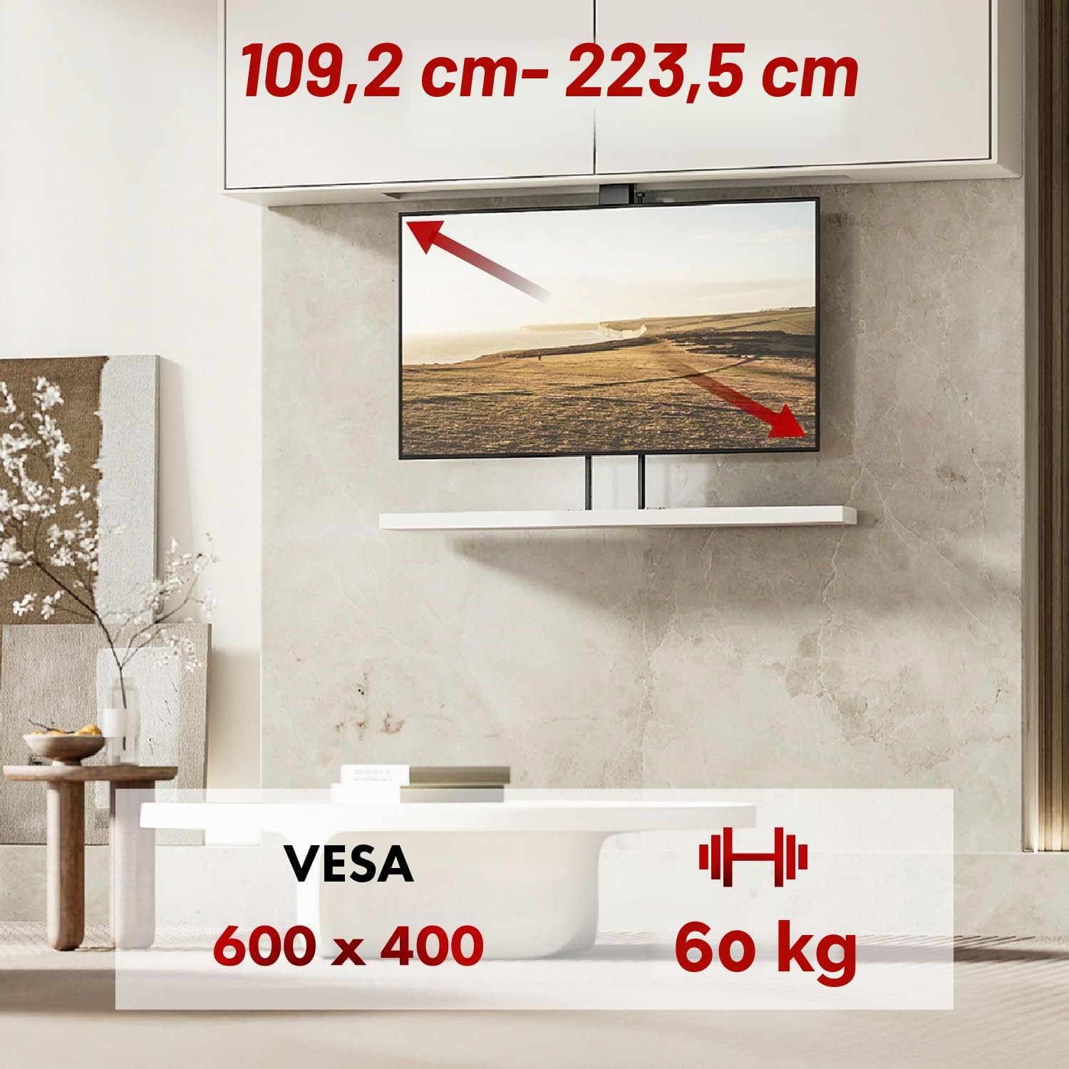 Maclean Supporto TV motorizzato MC-125 per soffitto e pavimento 43-88 pollici 60 kg VESA 600x400 telecomando controllo vocale Alexa Google Home App Tuya sistema anticollisione design elegante in