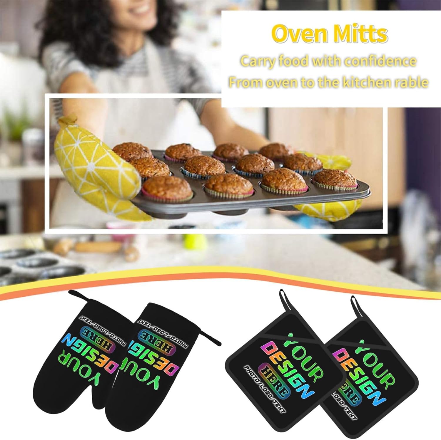 Personalized Custom Photo Logo Text Silicone Oven Mitts Potholders Sets Kitchen Gloves 4-Pack Set, Heat Resistant Gloves and Pad Kitchen Accessories for Cooking Baking BBQ