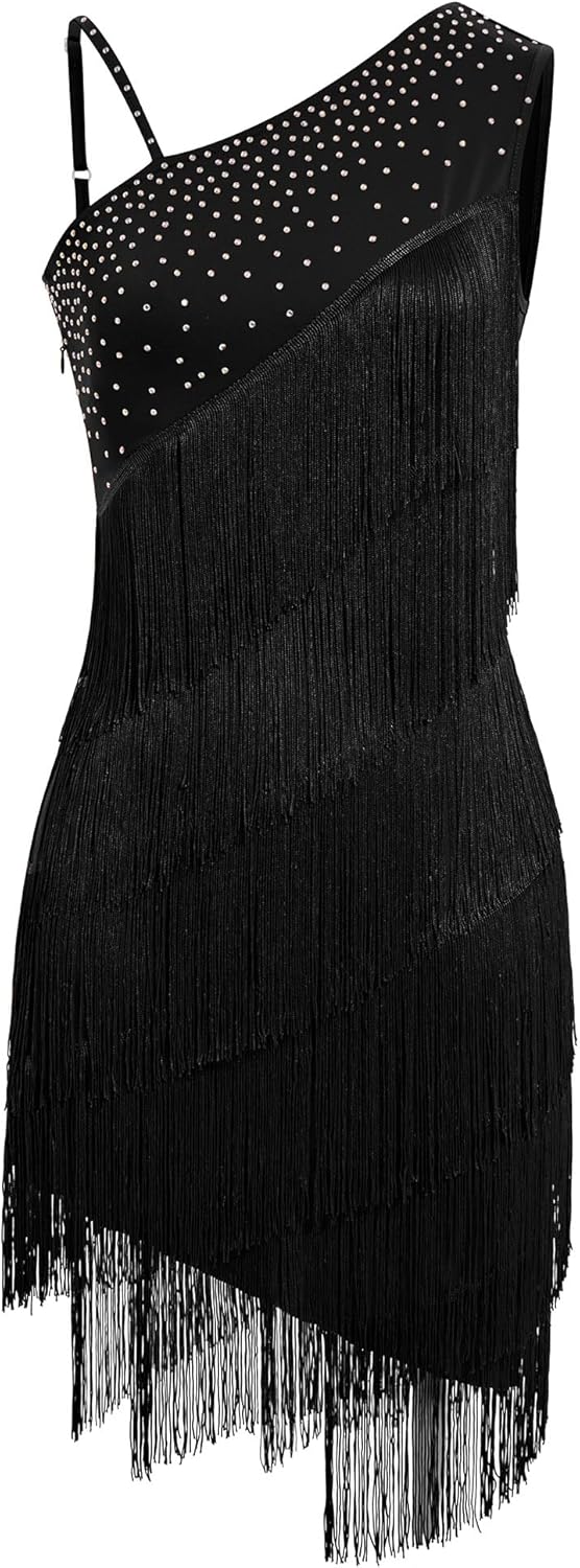 Women One Shoulder Fringe Latin Dance Dress Rhinestone Jazz Salsa Tassel Rave Costume Flapper Ballroom Dance Outfits