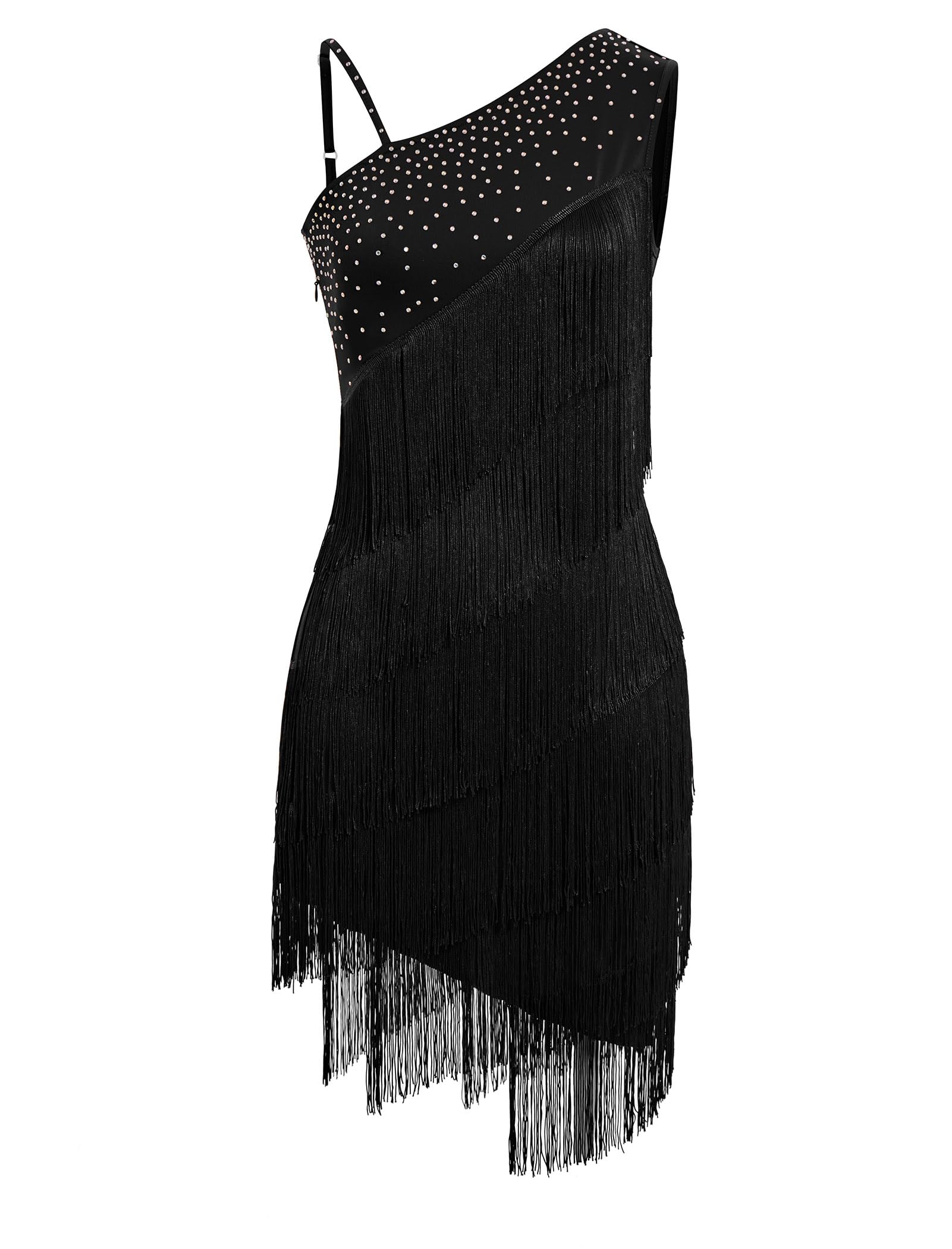 Damen Asymmetrisch Eine Schulter Strass Fransen Latin Dance Kleid 1920s Pailletten Quaste Flapper Kleider Salsa Cha-Cha Ballroom Dance Kostüm