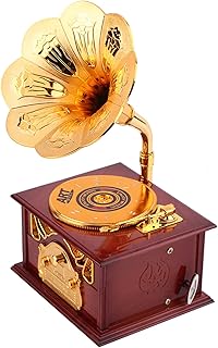 Phonograph Turntable Wireless Speaker, FM Radio, USB Port for Flash Drive, Wooden Gramophone Vintage Retro Style (Brown)