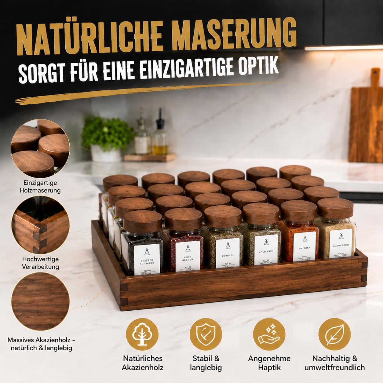 SAEIV Gewürzregal Holz Akazienholz Tablett-Gewürzständer 24x120ml Spice Jars Gewürzgläser Eckig Spice Rack Gewürzgläser Gewürz Organizer mit Edelstahltrichter,Etiketten für Küche&Esstisch