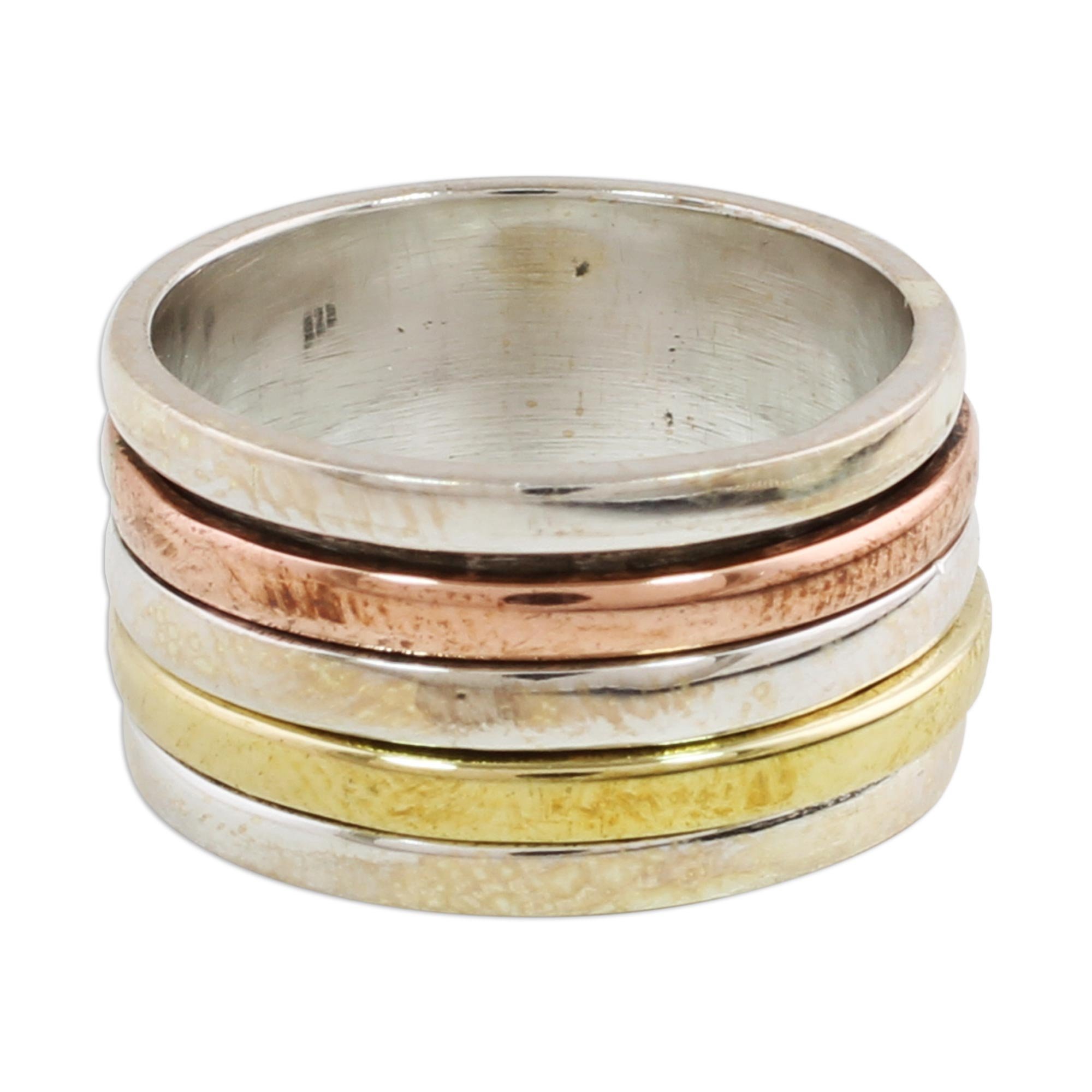 NOVICAArtisan Handmade .925 Sterling Silver Meditation Spinner Ring Simple Copper Brass Indian Modern 'Sleek Simplicity'