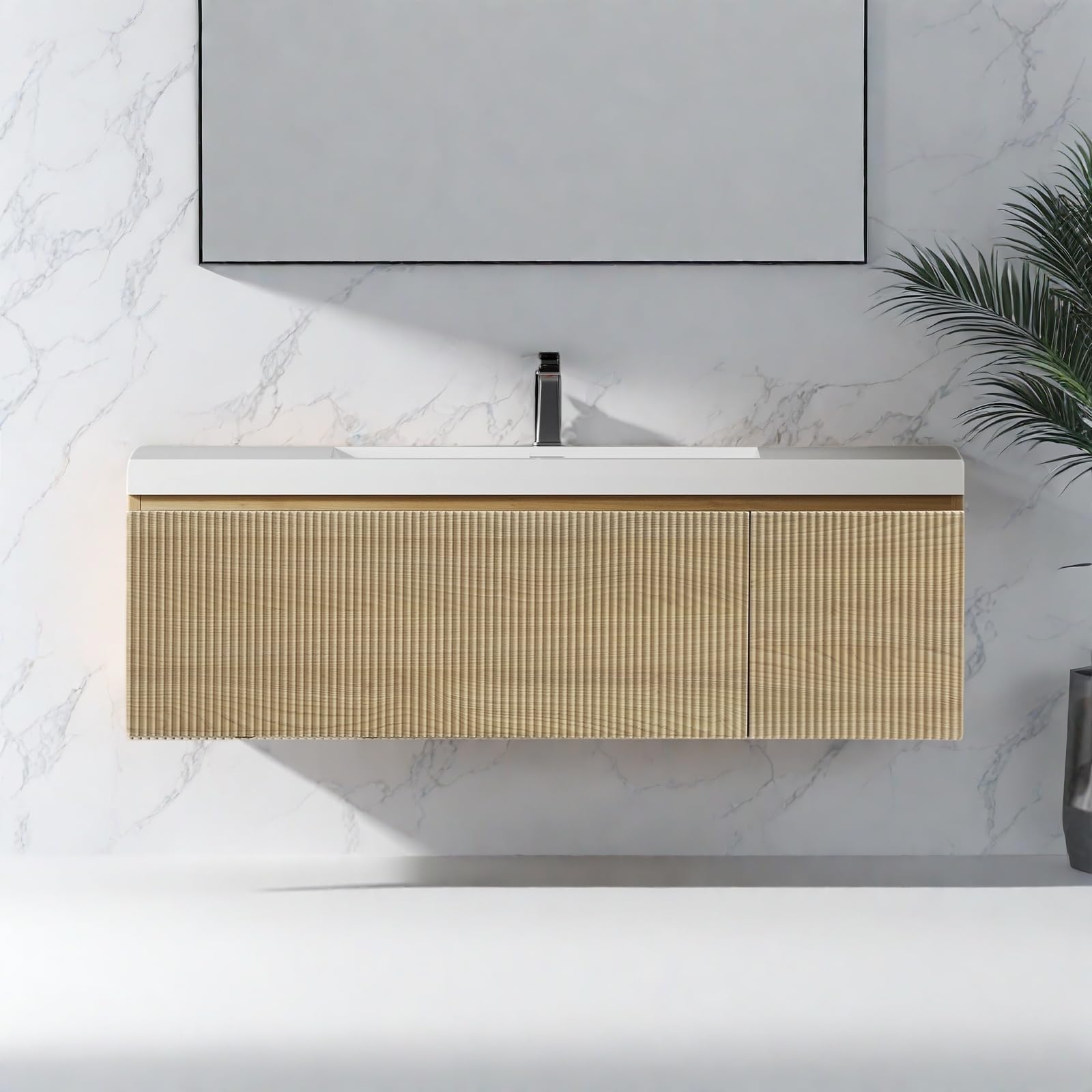 Wall Mounted Bathroom Sink Vanity, Modern 48" Floating Vanity with Resin Basin, U-Shaped Soft-Close Storage Drawer &amp; Side Door, Striped Bathroom Storage Cabinet with Invisible Handle, Wood