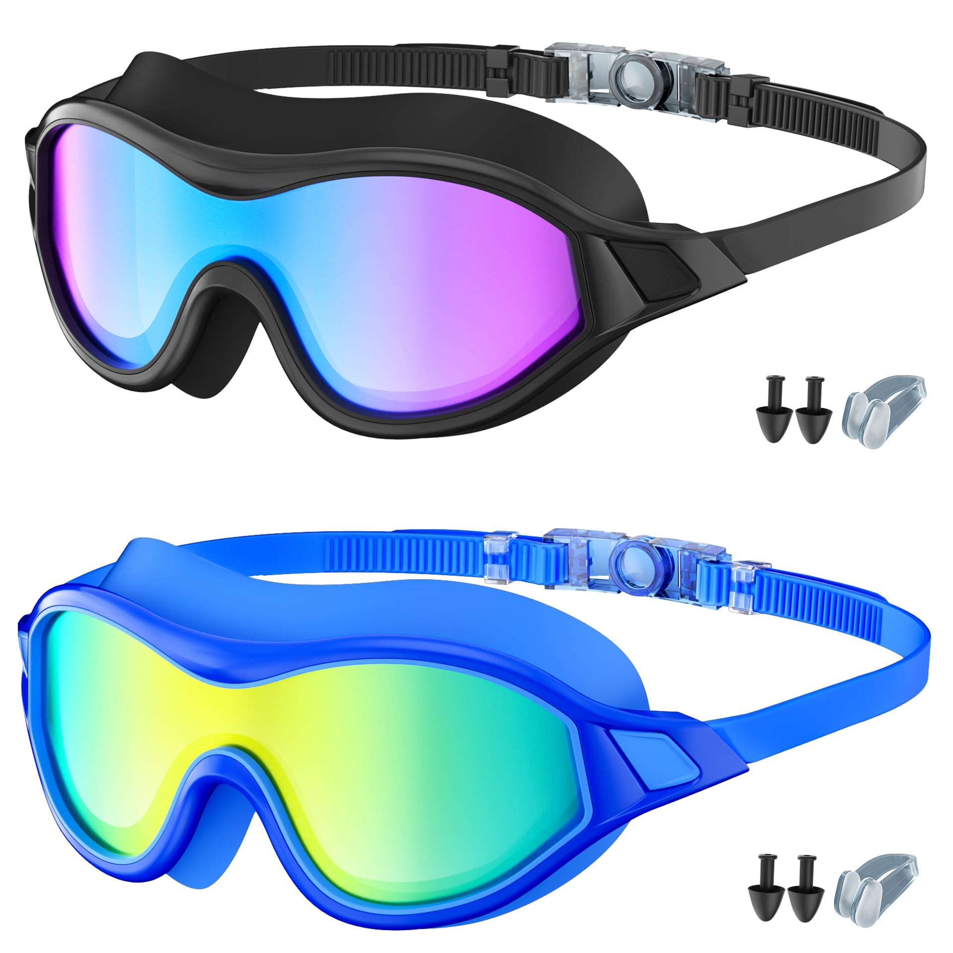 Priksia Swimming Goggles, 2 Pack Swim Goggles Wide View Anti Fog UV Protection No Leaking Clear Vision For Adult Women Men Youth(Black + Blue)