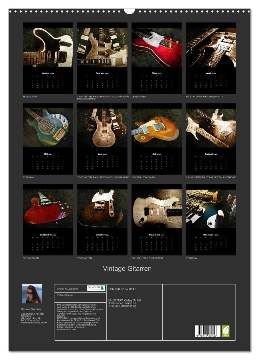 Vintage Gitarren (Wandkalender 2026 DIN A2 hoch), CALVENDO Monatskalender: Gitarren im Vintage-Style in Szene gesetzt