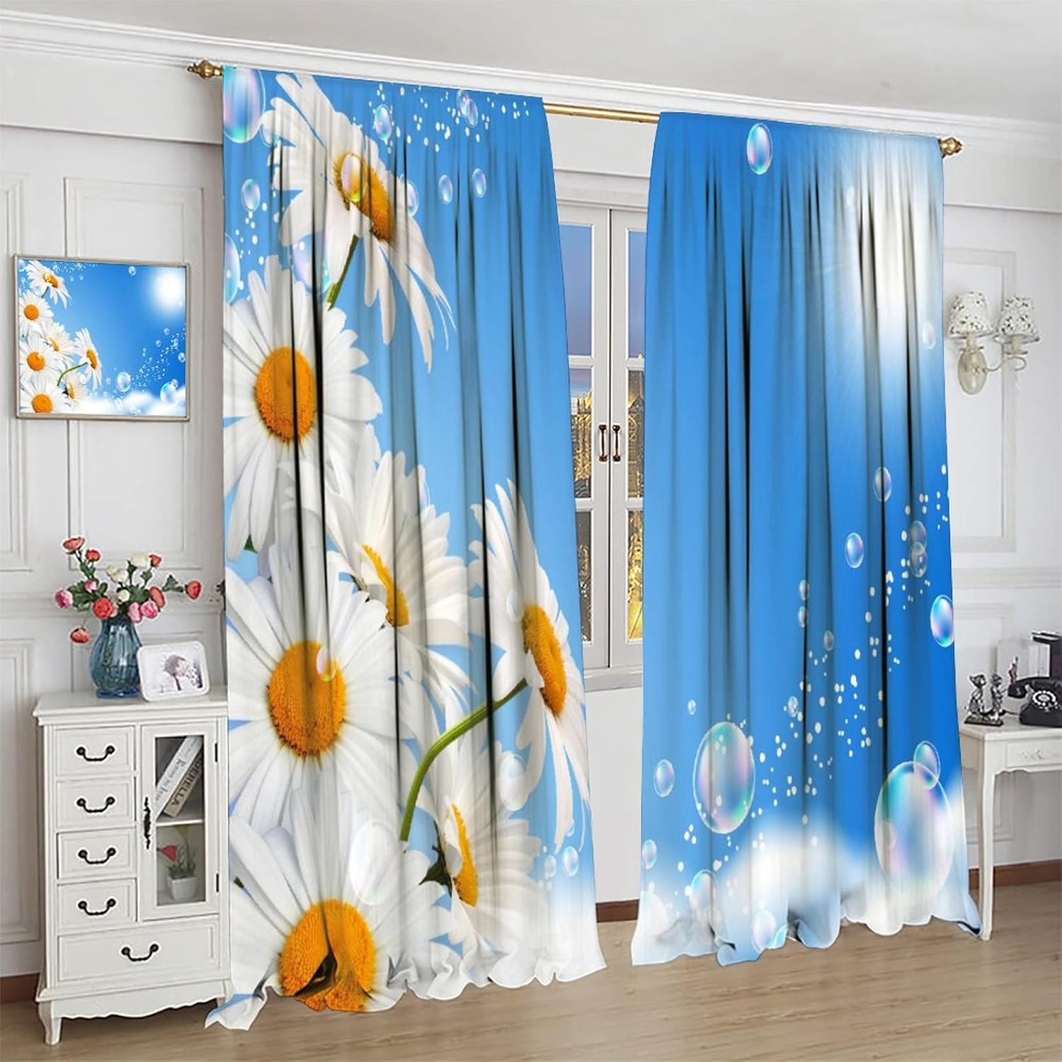 Garden Floral Balckout Curtains,Rustic Farmhouse Daisy Flowers Blue Sky Background Rod Pocket Window Drapes for Living Room Bedroom Kitchen Bathroom Decor W42xL45in