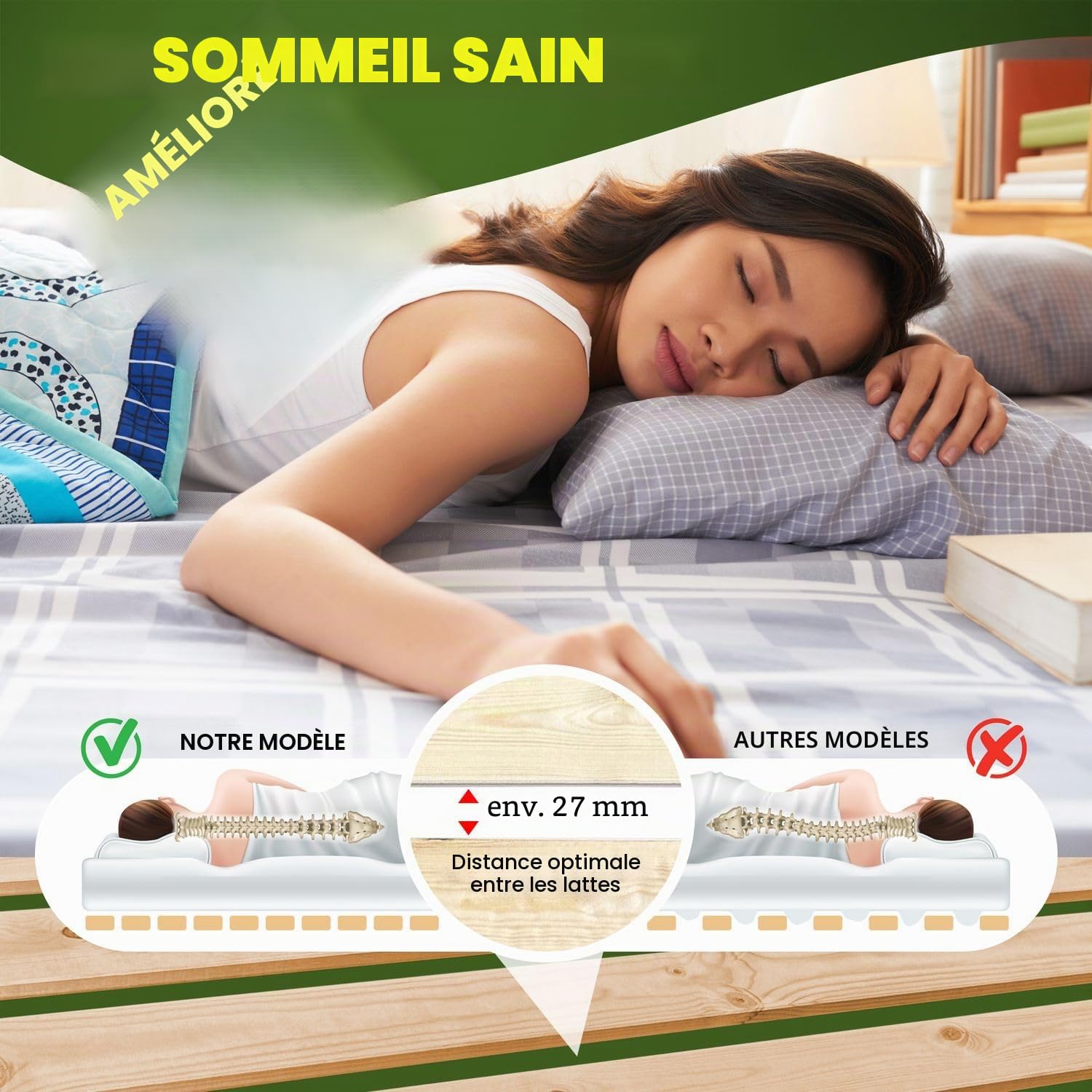 Coemo Sommier déroulable 90 x 200 cm – 21 Lattes – Sommier à Lattes Extra Solide en Bois Massif – Charge maximale : 250 kg – Sommier à Lattes déroulables pour lit Simple ou Double