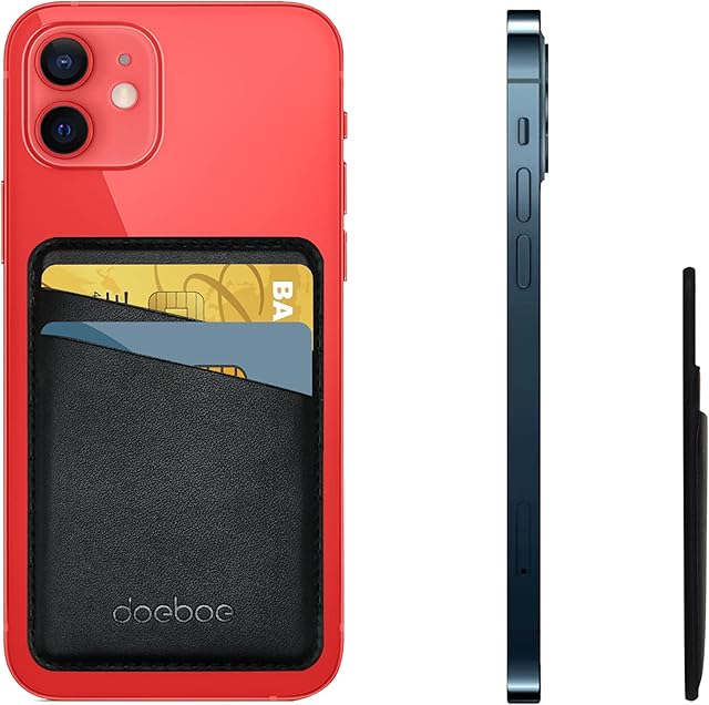 Leather Phone Card Holder for Back of Phone, Credit Card Case Stick on Cell Phone, Strongly Adhesive Phone Wallet Sleeve, Compatible with iPhone, Samsung, Android and All Smartphones Black