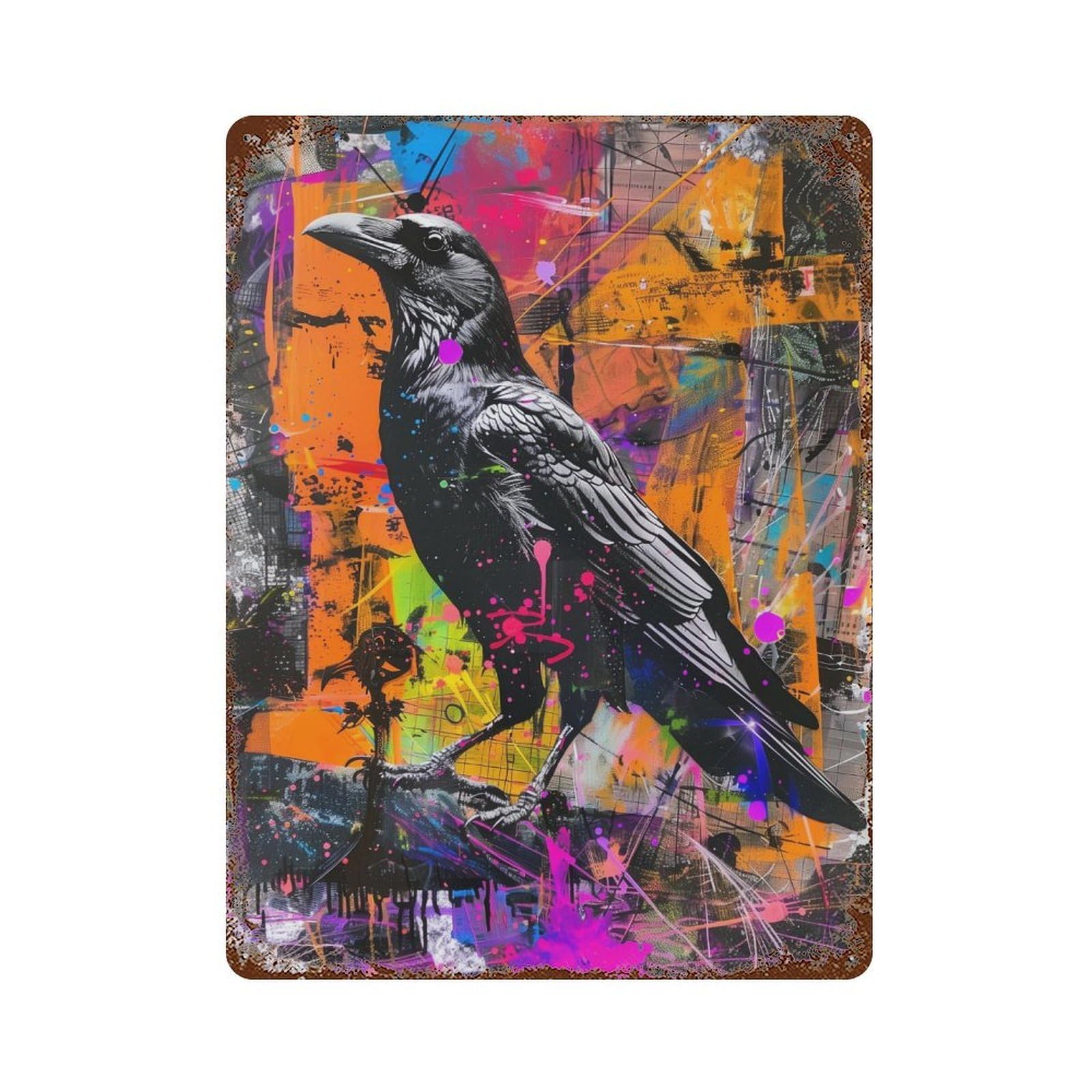 Urban Raven Art Print 15.7"x11.8" Vintage Rust Metal Sign, Decorative Metal Wall Art for Bistro, Counter And Cafe Decor