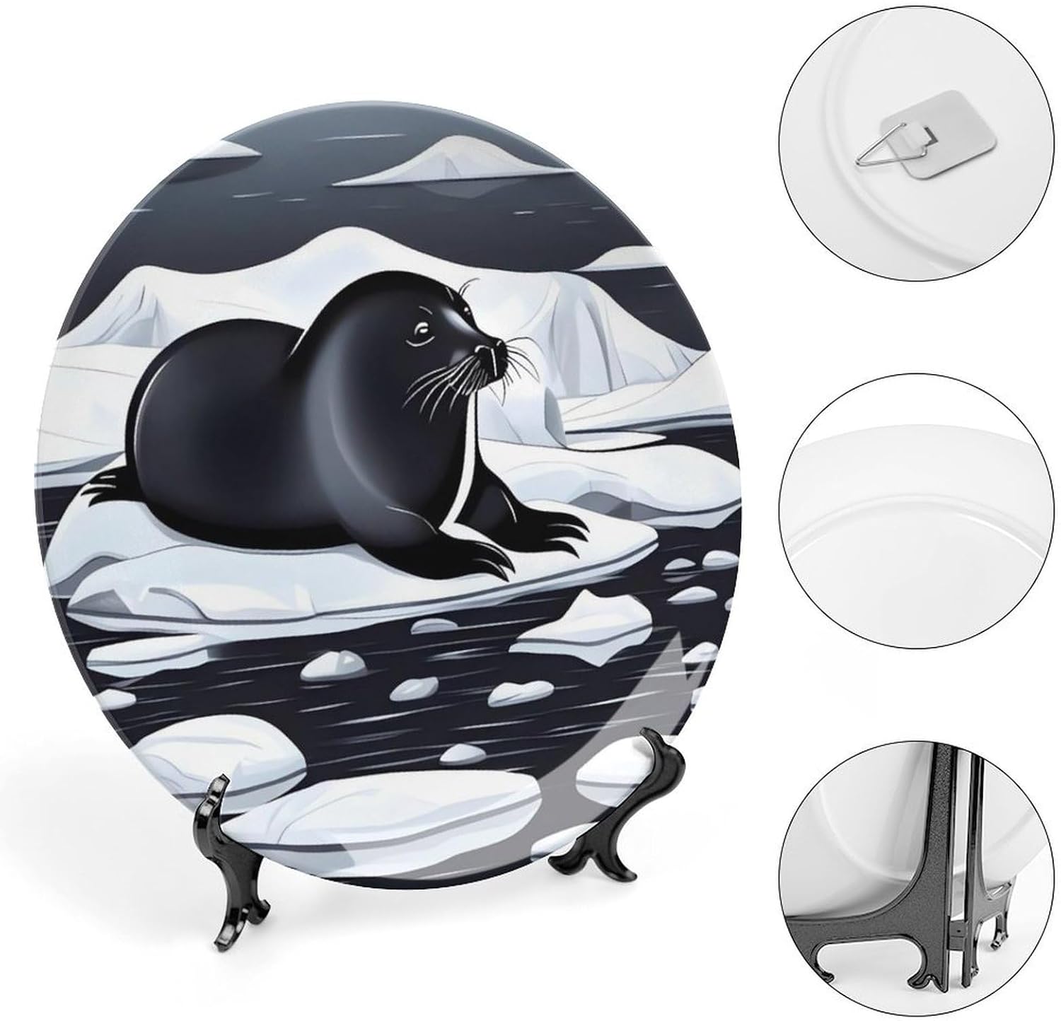 Seals on Ice Bone China Decorative Plate with Display Stand, Ceramic Ornaments Plate for Wall Hanging, Personalized Porcelain Plates for Office, Living Room 8inch