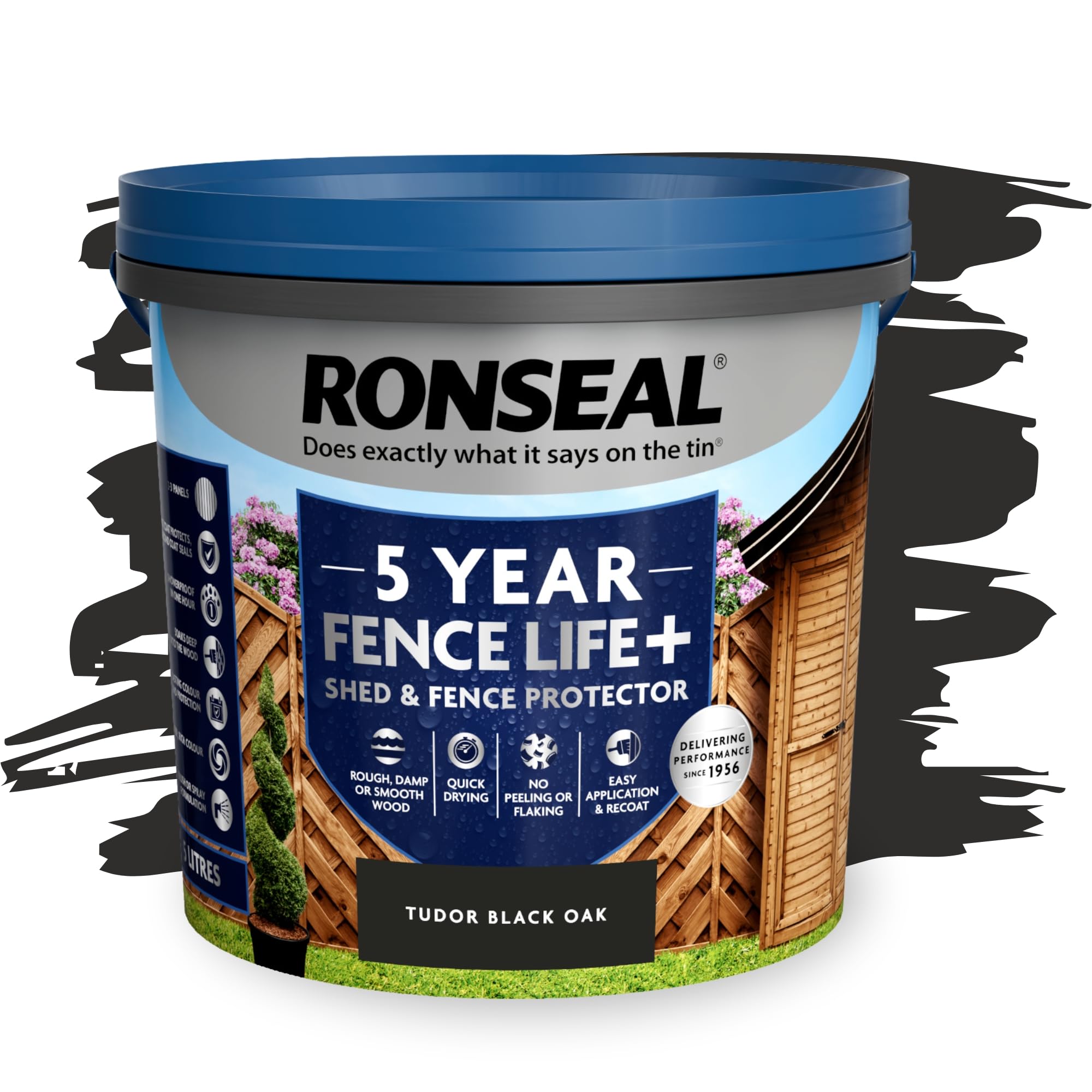 SAVING HUB Fence Paint 5L - Garden Shed Paint, Outdoor Furniture Paints - Exterior Wood Treatment- Used On Rough Swan & Smooth Planed Wood - Sheds & Fences Life Plus - Dry in 4 Hours (Tudor Black Oak)