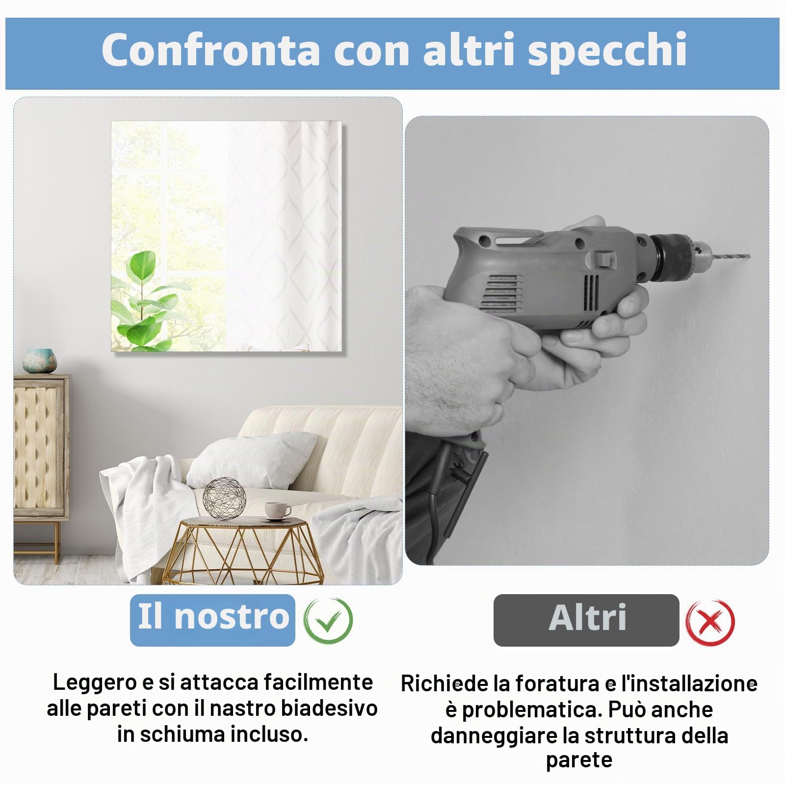 TSKDKIT Specchio autoadesivo grande da 50 cm, specchio da parete quadrato senza cornice, in vetro HD, per bagno, porte dell'armadio, soggiorno, corridoio (50 x 50 cm)