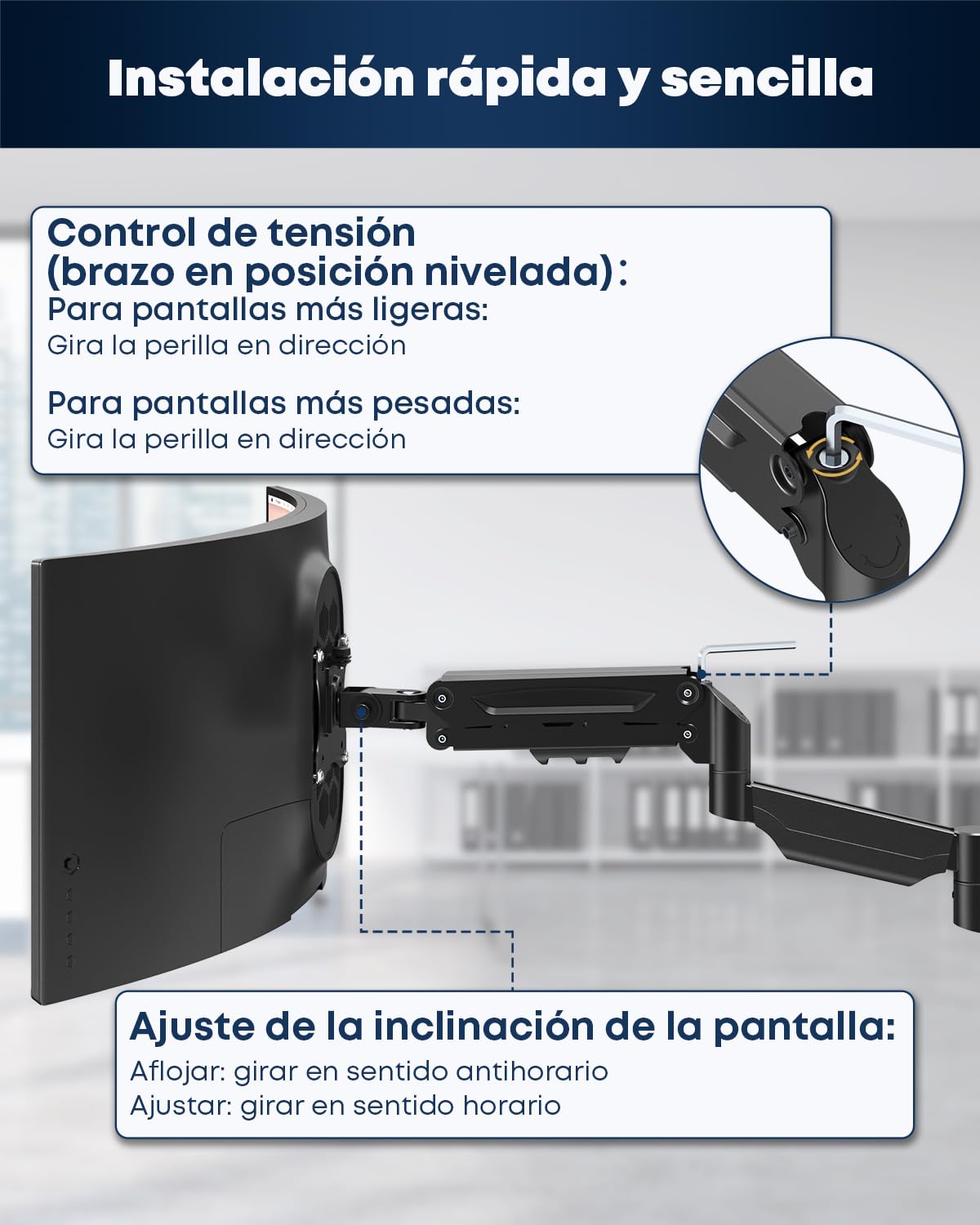 Soporte de pared para monitor con resorte de gas 17–32" – Brazo extra largo 76,9 cm, ajustable en altura y giratorio, VESA 75/100, hasta 9 kg