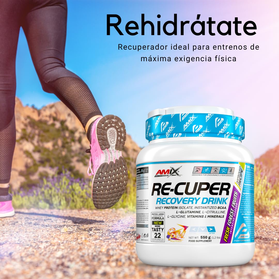 AMIX - BCAA con Glutamina - Re-Cuper Recovery Drink en Formato de 550 g - Ayuda a Regenerar las Fibras Musculares - Favorece la Rehidratación - Sabor a Frutas del Bosque