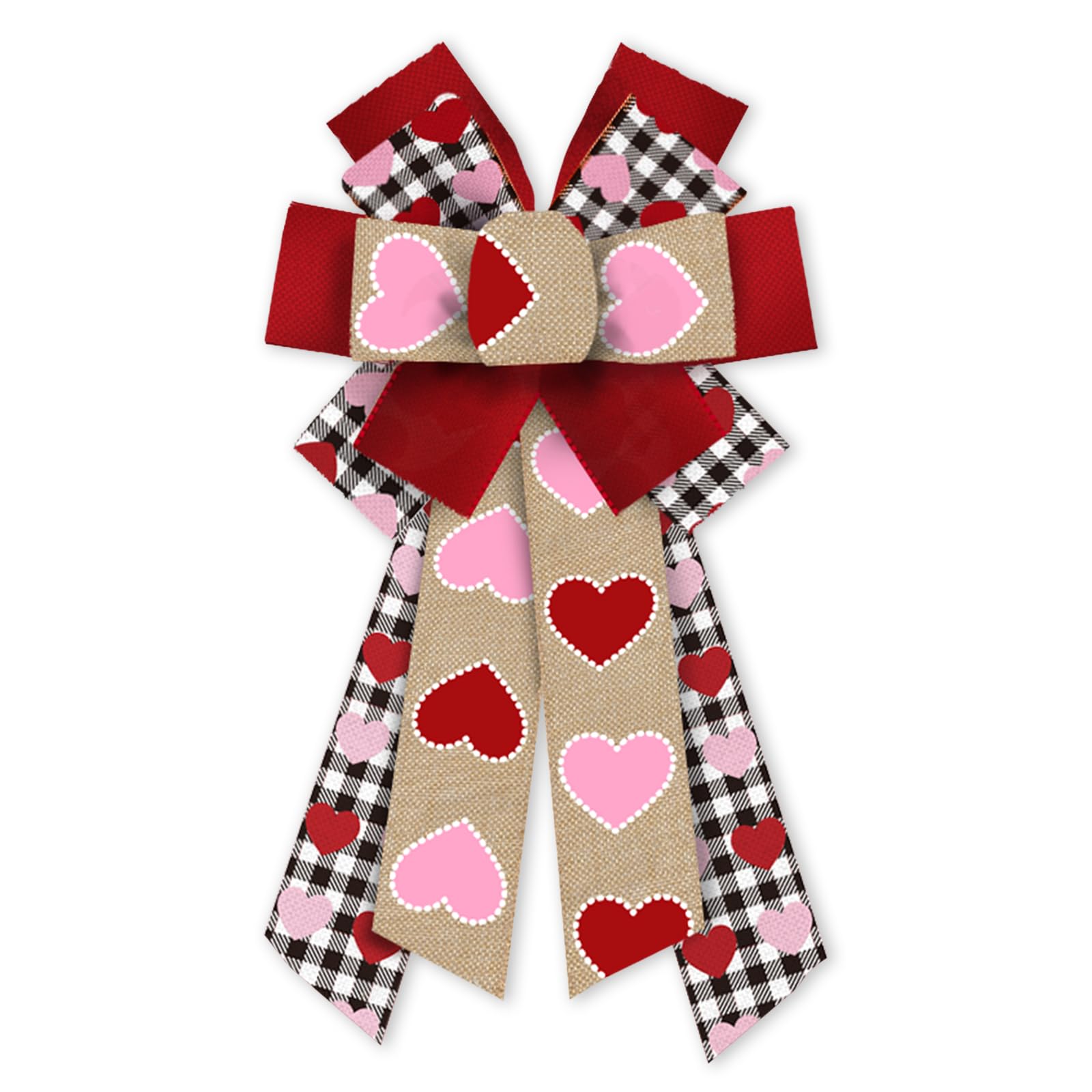 Large Valentine's Day Wreath Bows Valentines Pink Red Love Hearts Plaids Burlap Fabric Bows for Wreath Valentines Decor Ribbon Bows for Valentine's