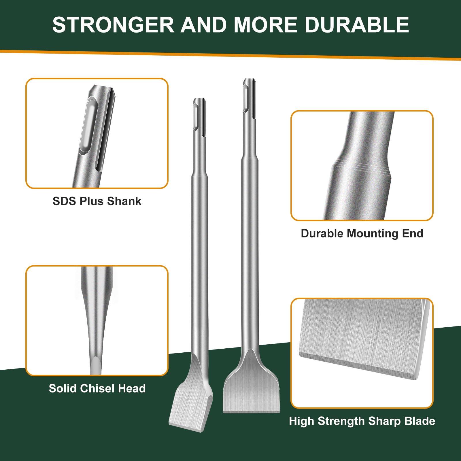 Cincel SDS Plus, 4 Piezas,1 x Cincel Puntiagudo, 1 x Cincel Plano, 2 x Cinceles para Azulejos, Cincel Profesional para Todos Los Martillos de Impacto y Rotativos SDS Plus