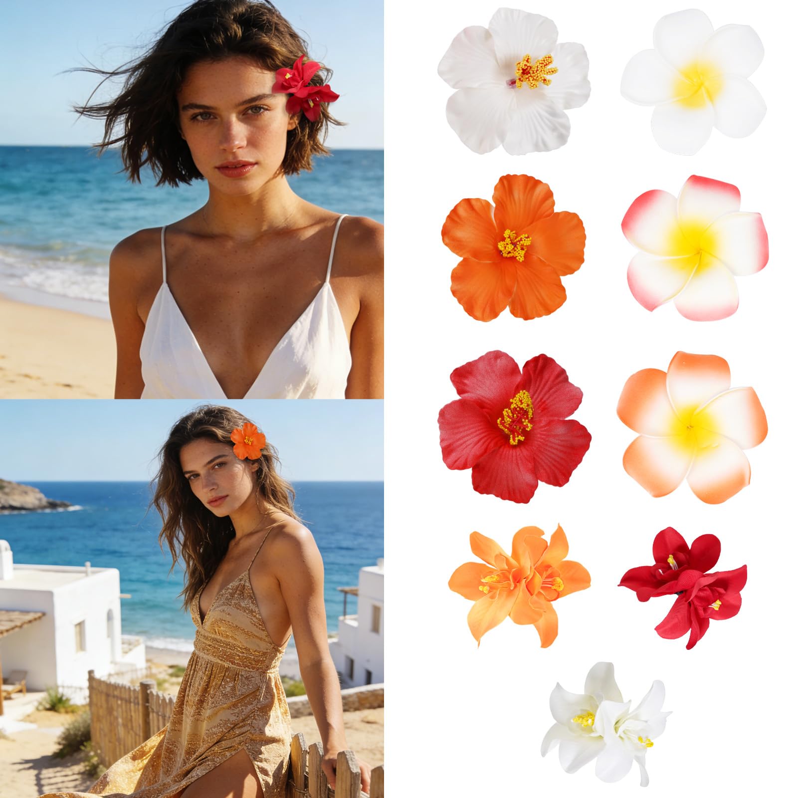 9 Pcs Hawaiian Flower Hair Clips for Women Plumeria Hibiscus Hair Clip 3.5 Inch Artificial Flower Hair Barrettes for Summer Vacation Beach Pool Party Girls Holiday Gifts (White, Orange and Red)