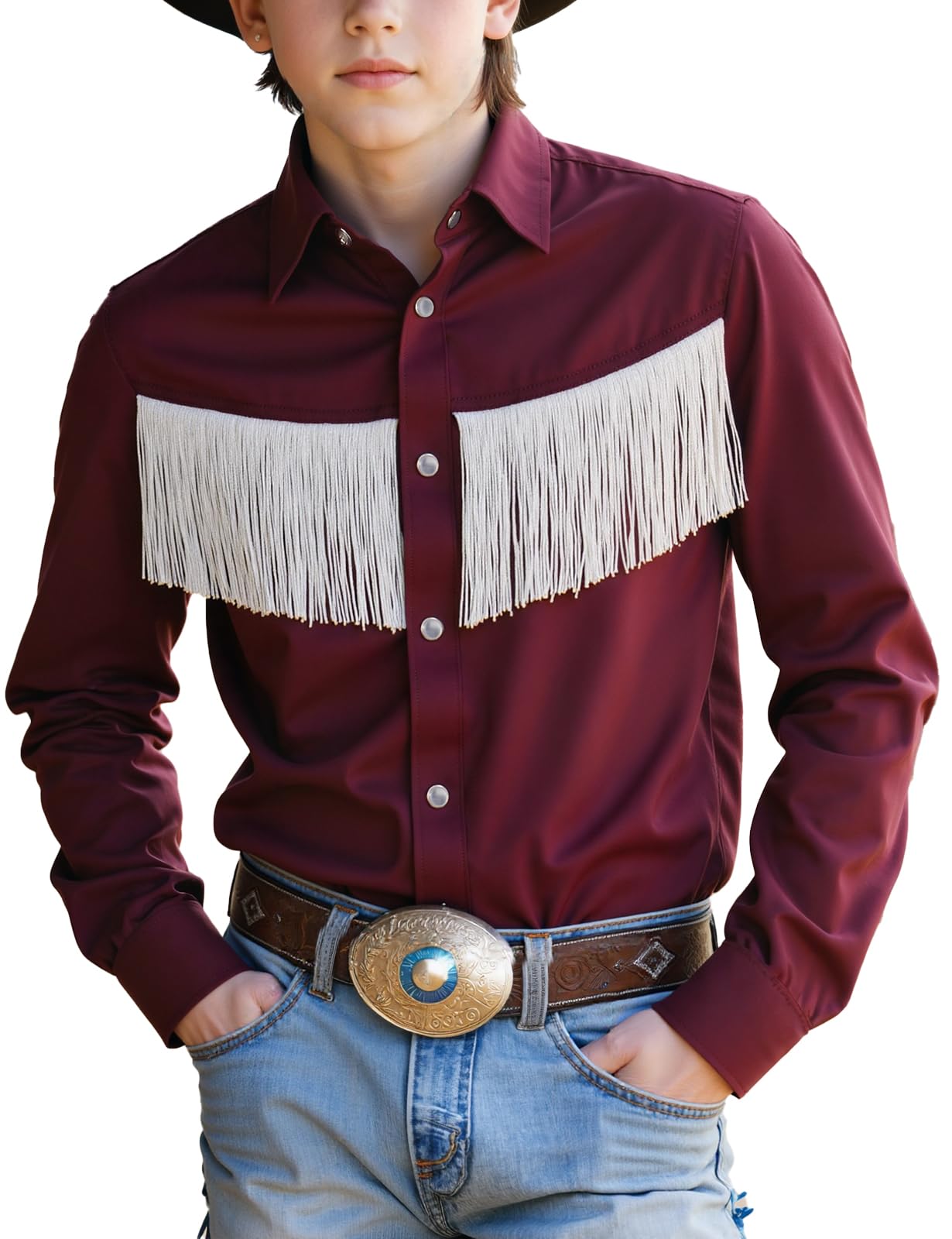 Spring&amp;Gege Western Boys' Button-Down Shirts Long Sleeve, Pearl Snap Shirt with Fringe (5-14 Years)