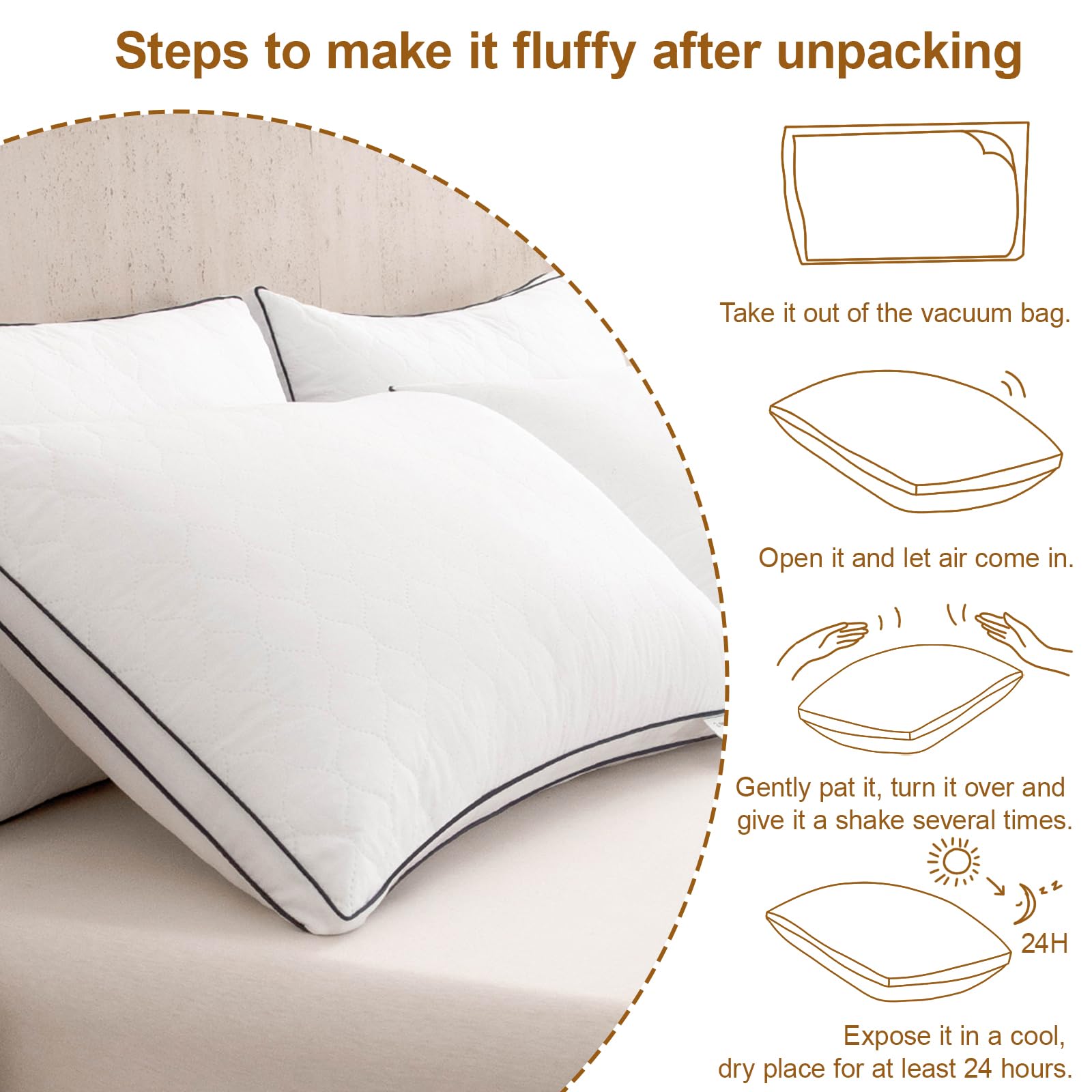 BEDTOVA 4PCS Quilted Reversible Bed Pillow for Sleeping, Luxury Hotel Quality 3D Microfiber Filling with Breathable Cover for Side Back and Stomach Sleepers, Reduces Neck Pain King Size 20 * 36