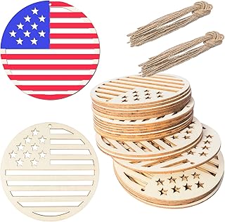 Round Shape Star Blank Unfinished Wood American Flag -Old Glory Edition Craft Wood Independence Day Decorations for Front Door Porch Wall Window Memorial Day Home Ornament 20Pcs.