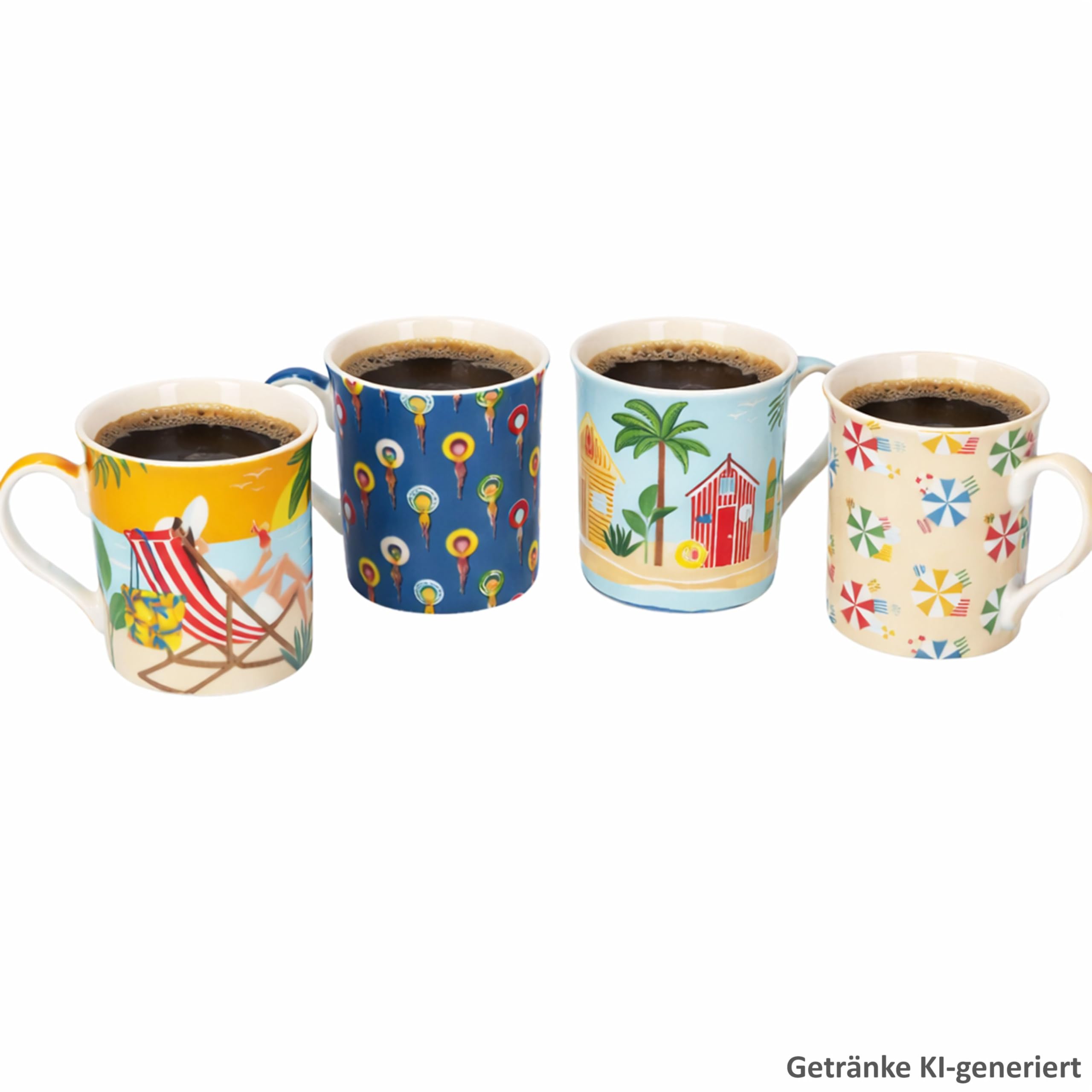 MamboCat Atmosphere - Set di 4 tazze da caffè in porcellana, 250 ml, 4 diversi motivi estivi, in confezione regalo, cilindriche per tè, cappuccino, cacao
