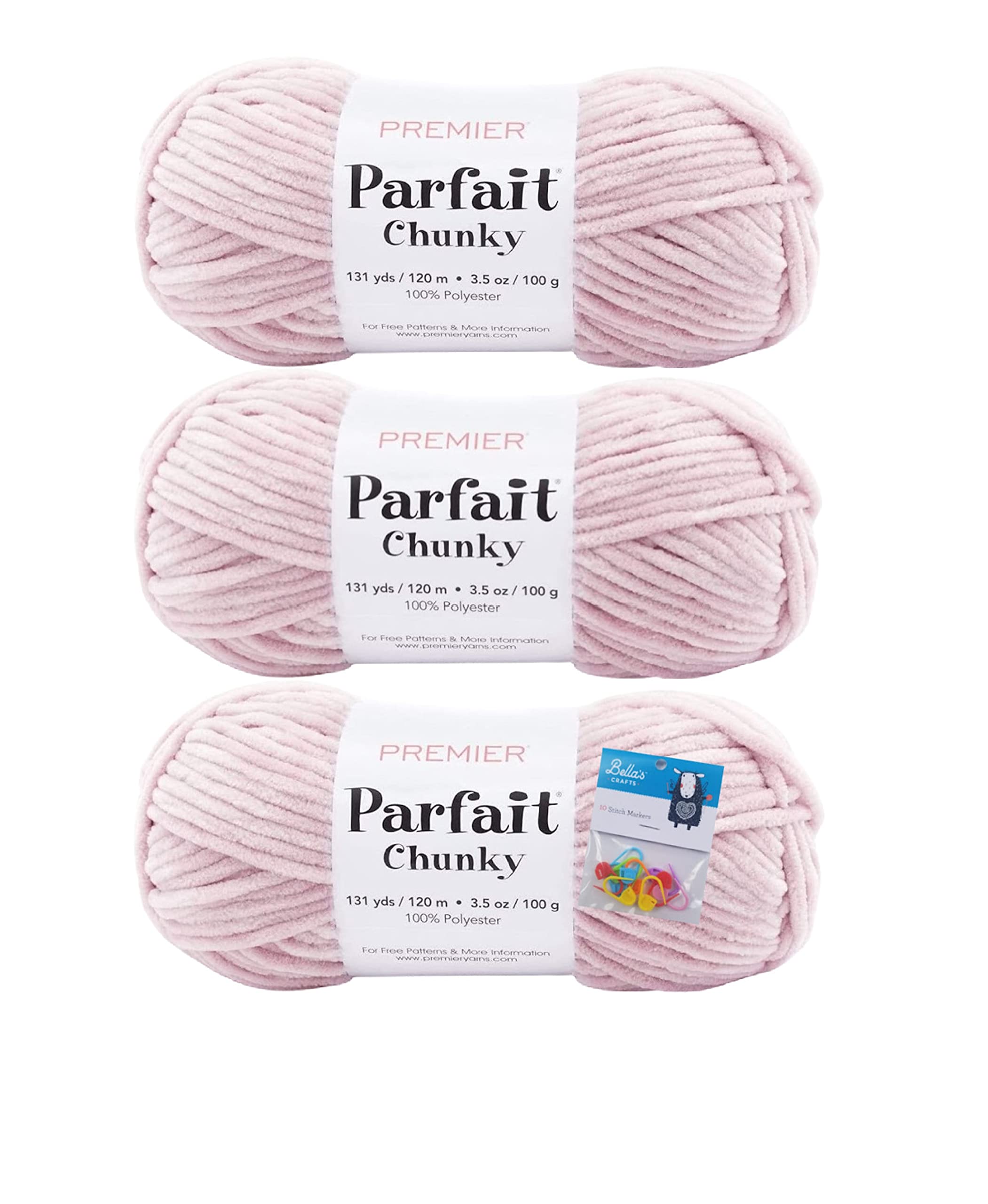 Premier Yarns Parfait Chunky Chenille Yarn 3.5 Oz 6 Super Bulky Weight 3 Pack Bundle with Bella's Stitch Place Holders (Rose)