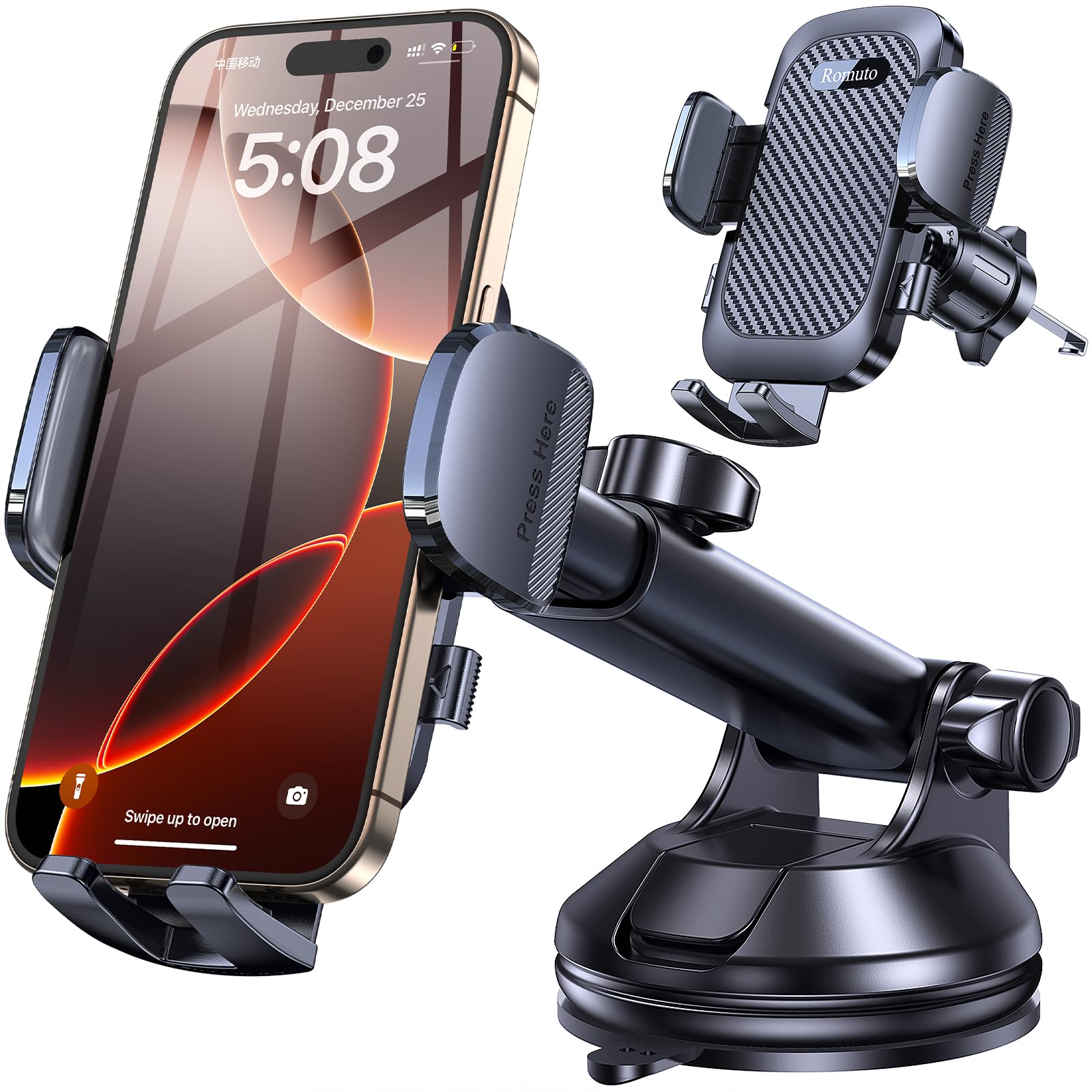 Romuto Car Phone Holder Mount【2025 Strongest Suction】 Phone Mount for Car Cell Phone Holders for Your Car Accessories for Women Men Dash/Windshild/Vent Truck Stand for Garmin GPS for iPhone Samsung