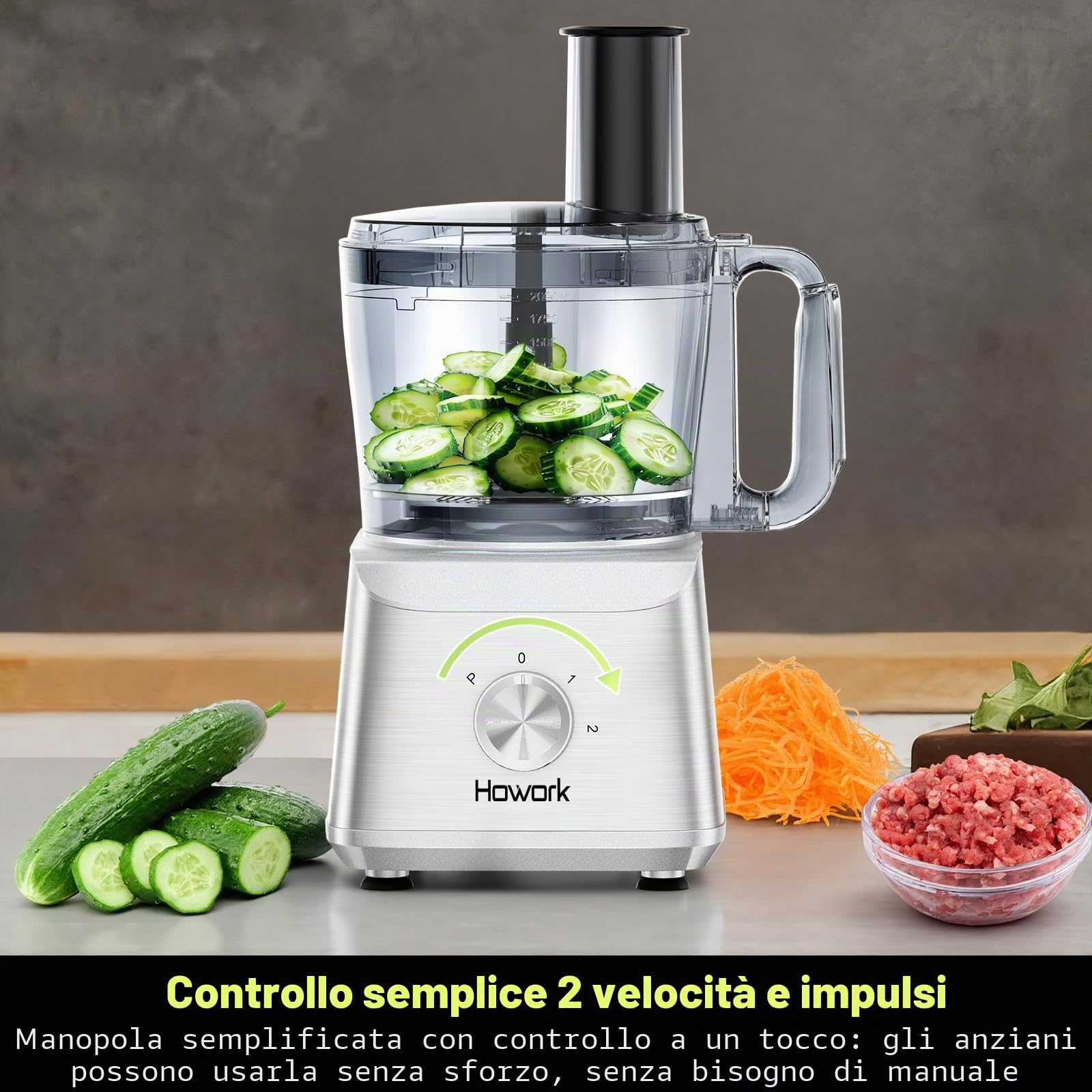 Howork Robot da Cucina multifunzione 1500W, Multifunzione di Grande Capacità, Per Tritare, Affettare, Sminuzzare, Tritare, Frullare, Sminuzzare,Farcire e Impastare, Acciaio Inox Argenteo