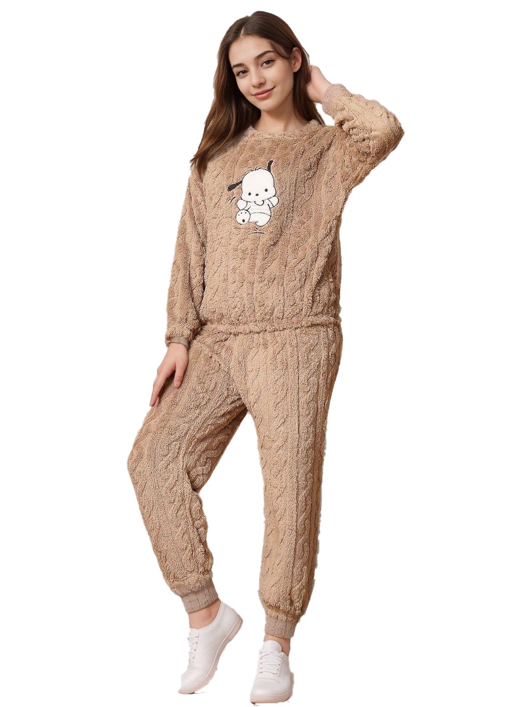 DOSON Women Winter Fleece Loungewear Cute Puppy Patch Pajama Set-image-35