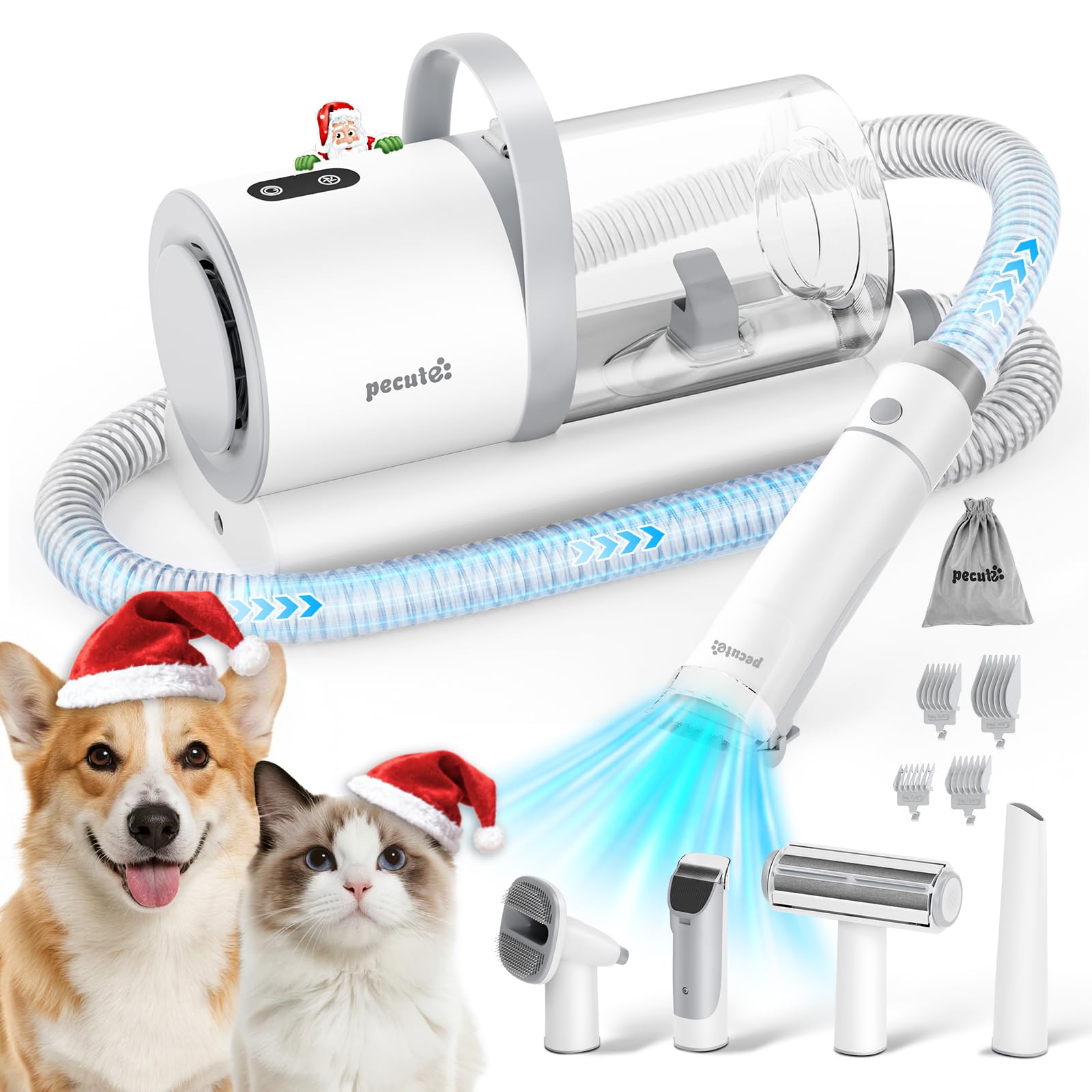 Pecute Aspira Peli Cane, Aspirapolvere Potente per Cani, 12000 Pa, 4 in 1 Professionale Kit Toelettatura Cane, Succhia Il 99,99% dei Peli di Cani e Gatto, 1,5L con 4 Accessori per La Cura, Bianco