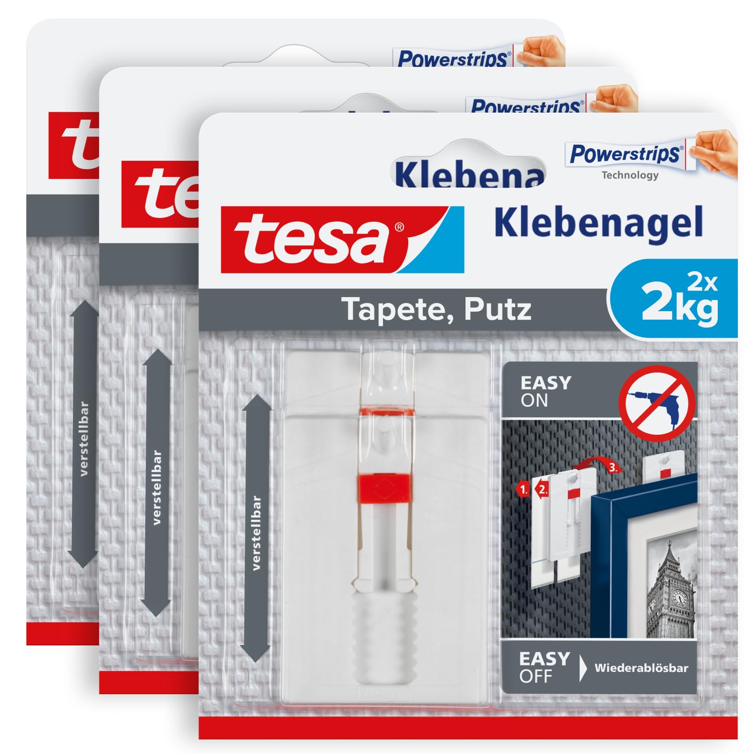 tesa Verstellbarer Klebenagel für Tapeten und Putz 2 kg im 3er Pack - Höhenverstellbarer, selbstklebender Wandnagel - Bis zu 2 kg Halteleistung pro Nagel - 3 x 2 Klebenägel