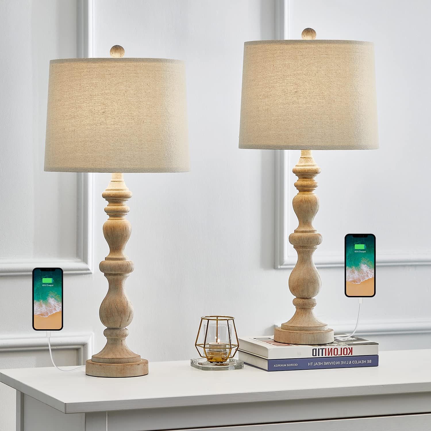 OYEARS USB 27.75'' Rustic Table Lamp Set of 2 for Living Room Resin Retro Lamps with 2 USB Ports for Bedroom Nightstand Bedside Vintage (White Wash 333) : Everything Else