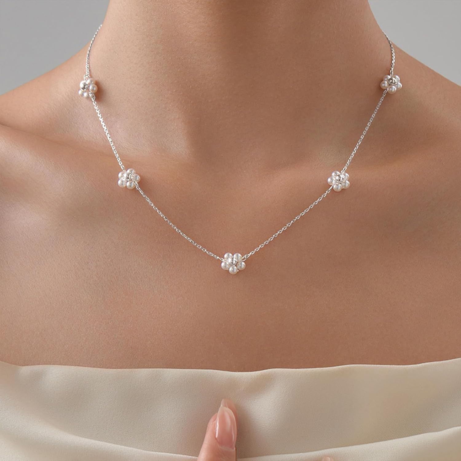 925 Sterling Silver Daisy Pearl Pendant Necklace for Woman 14K Gold Plated Dainty Pearl Flower Choker Necklaces to Mother Daughter Minimalist Elegant Trendy Valentines Wedding Jewelry Gift - Image 2