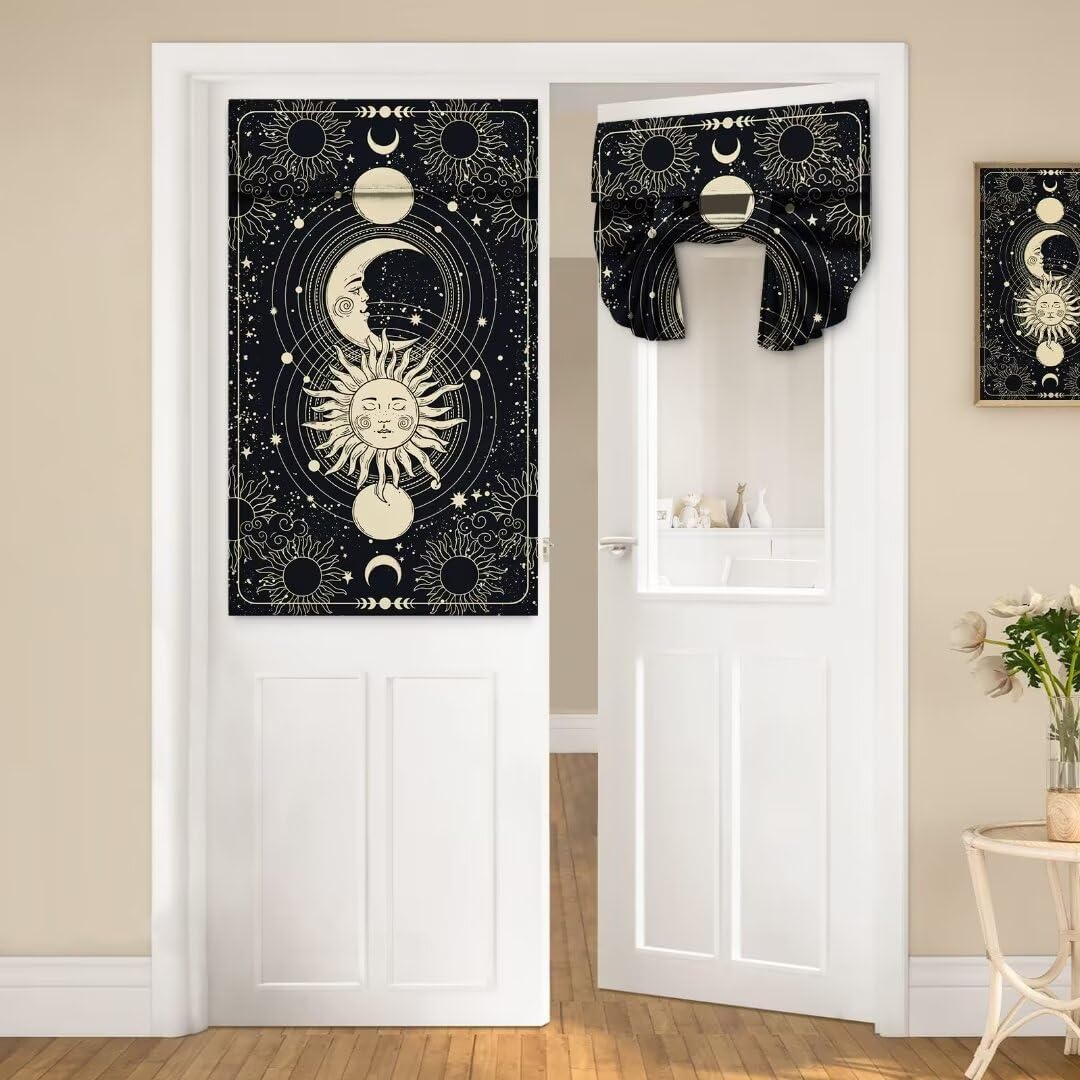 DDCBNS Door Curtains for Windows - Boho Sun Moon Starry Sky Printed for French Glass, Farmhouse Colorful Small Window Tie Up - 26 x 40 Inch