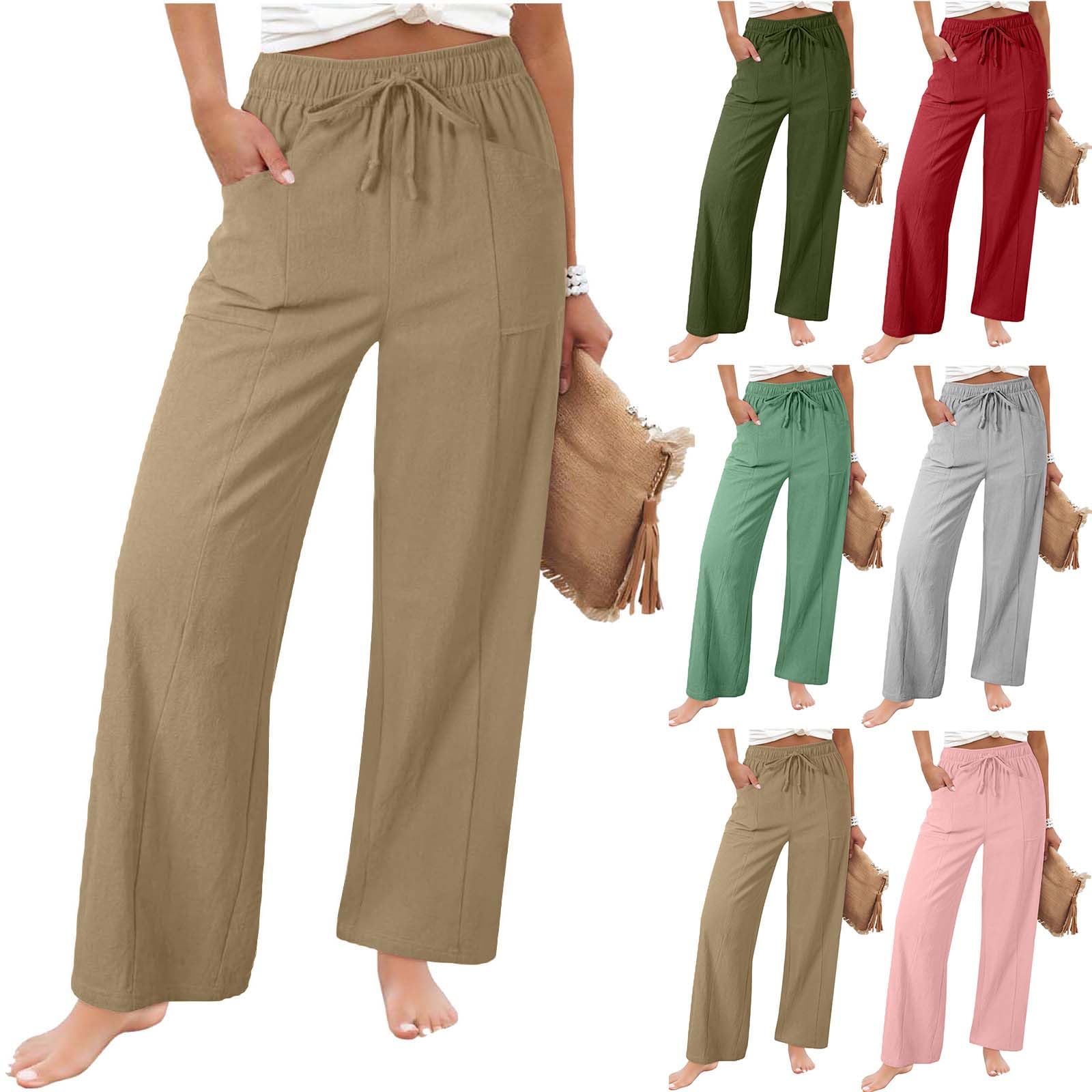 Pantalon Lin Femme été Coton Et Lin Baggy Confortable Pantalons Mode Fluide Ample Jambe Droite Taille Haute Elastique Pantalon D'été avec Cordon De Serrage Et Poches Coupe Décontractée