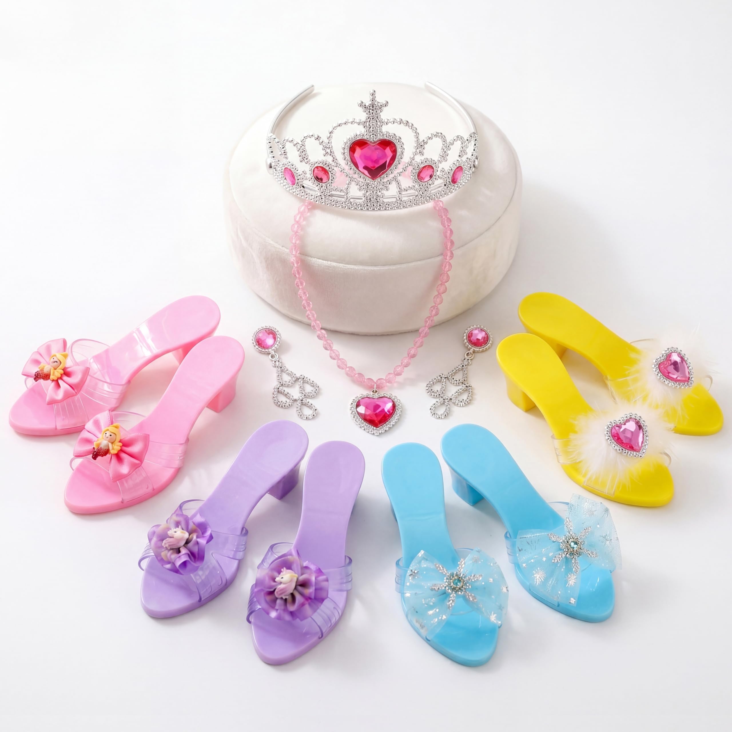 The Magic Toy Shop Girls Princess Shoes & Accessories - 4 Pairs of Kids Dress Up Heels, Tiara, Necklace, Earrings, Storage Box - Play Set for Pretend Roleplay, Beautiful Jewellery, Girls, Ages 3+