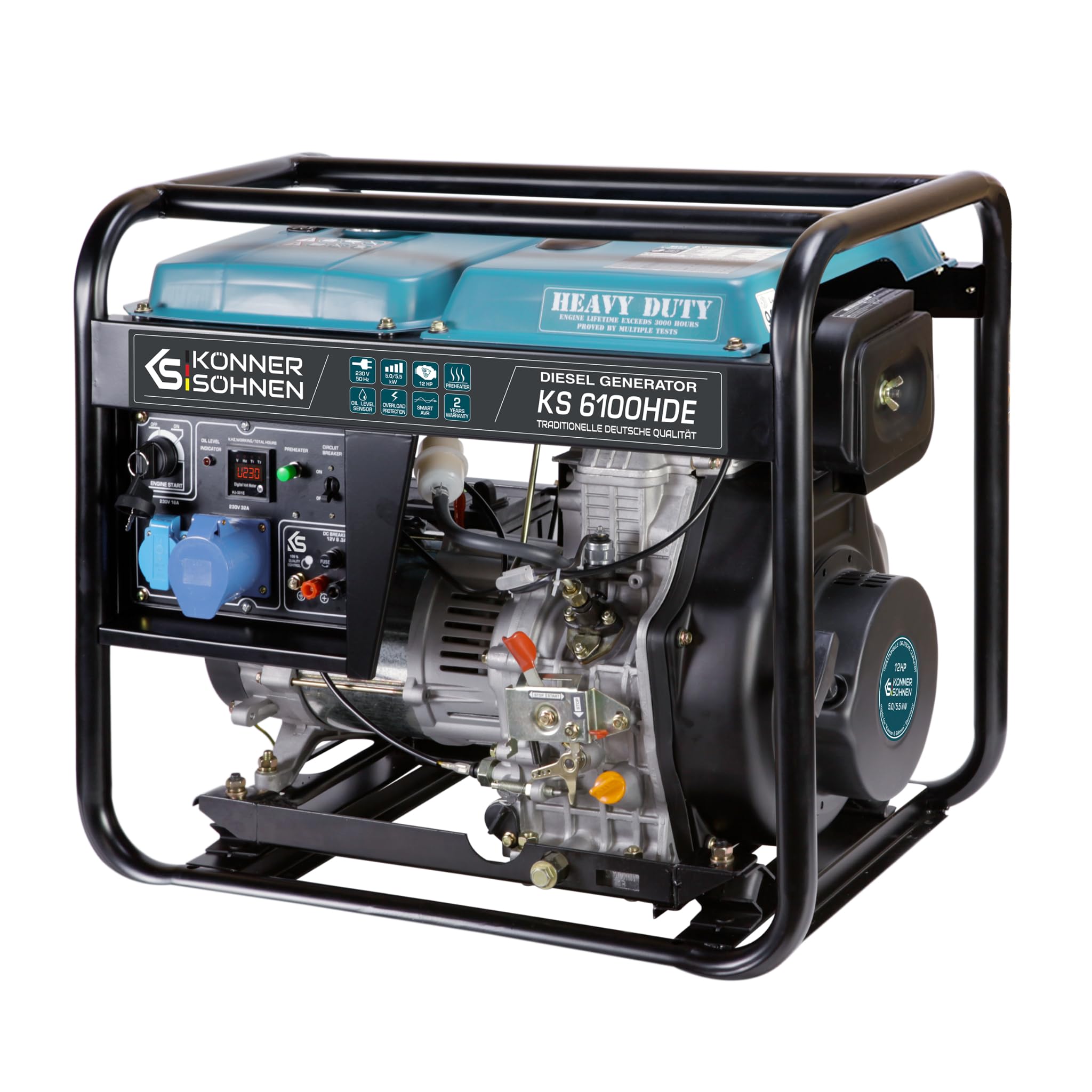 Könner & Sönen KS 6100HDE generator prądu, 12 KM 4-suwowy silnik diesla, miedź, E-start, podgrzewacz wstępny, automatyczny regulator napięcia, wyświetlacz, 5500 W, generator do użytku prywatnego i