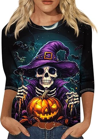Cute Funny Halloween Shirts for Women Plus Size 3/4 Length Long Sleeve Womens Tops Witch Gothic Renaissance Shirt