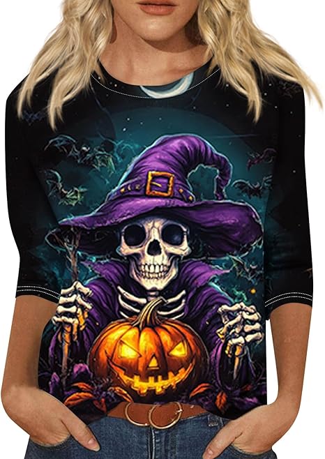 Cute Funny Halloween Shirts for Women Plus Size 3/4 Length Long Sleeve Womens Tops Witch Gothic Renaissance Shirt