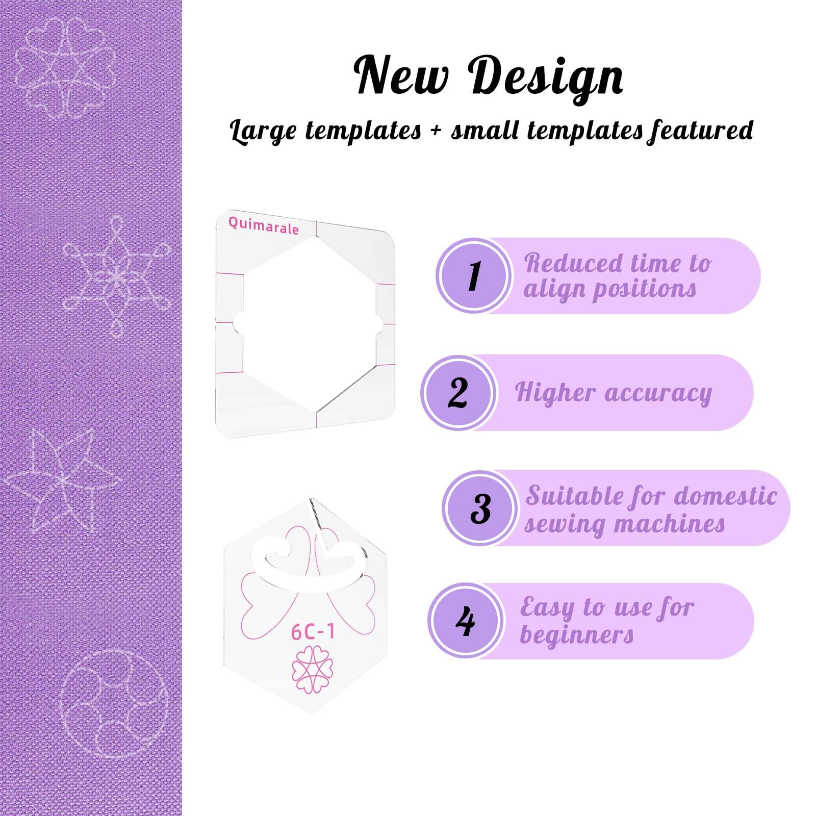 4 plantillas de acolchado de movimiento libre con 1 marco de acolchado, regla hexagonal acrílica y plantillas para máquina de acolchado de vástago bajo con instrucciones (diseño 6C)