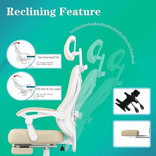 Miniatura 9 de Silla de oficina ergonómica, lumbar y reposacabezas ajustables, reclinable de 90-160 con reposapiés, respaldo de malla transpirable, silla de