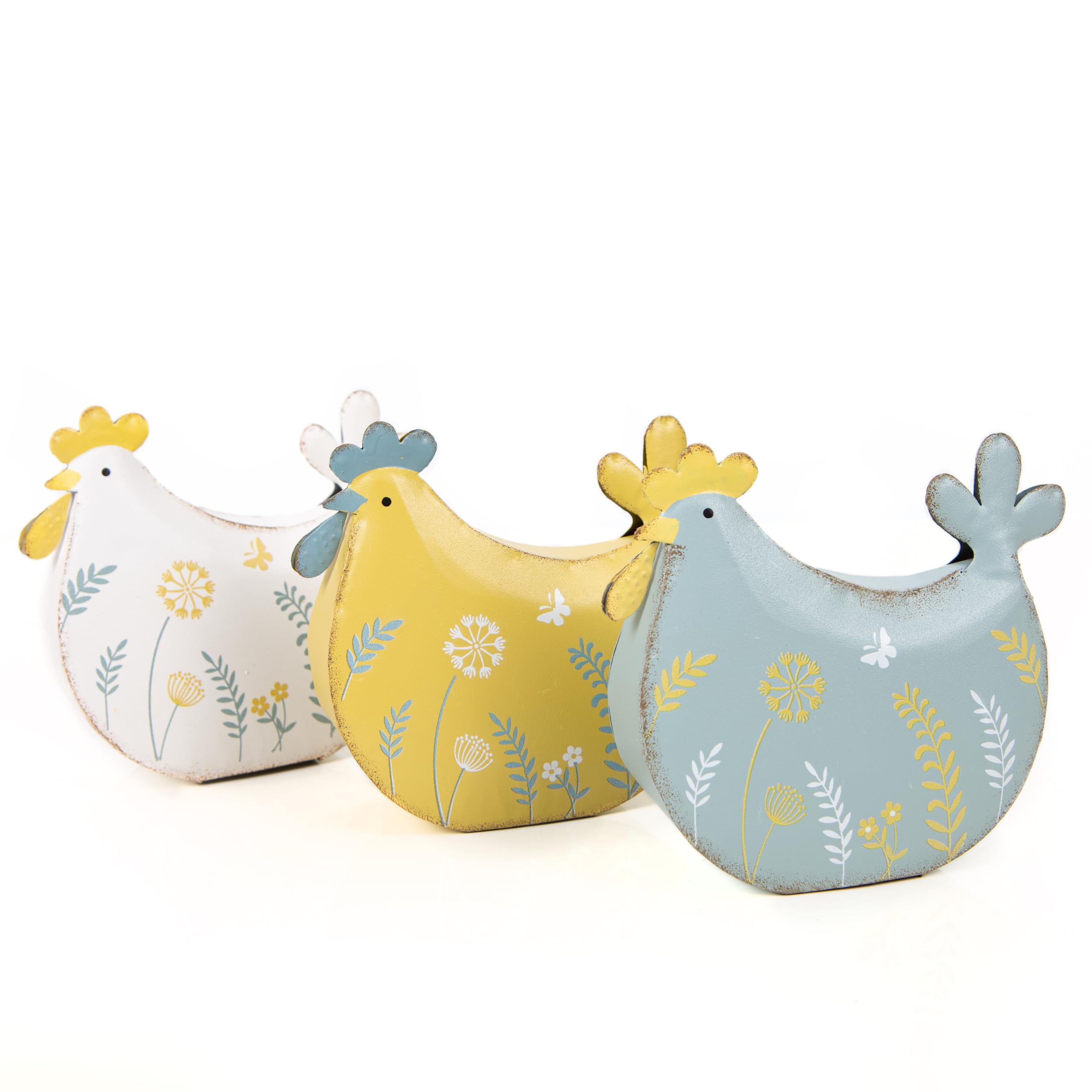 Logbuch-Verlag Deko 3 Hühner Deko Ostern aus Metall gelb weiß blau zum Hinstellen 15 cm Geschenk Küche Sommer Garten 15 x 13 cm