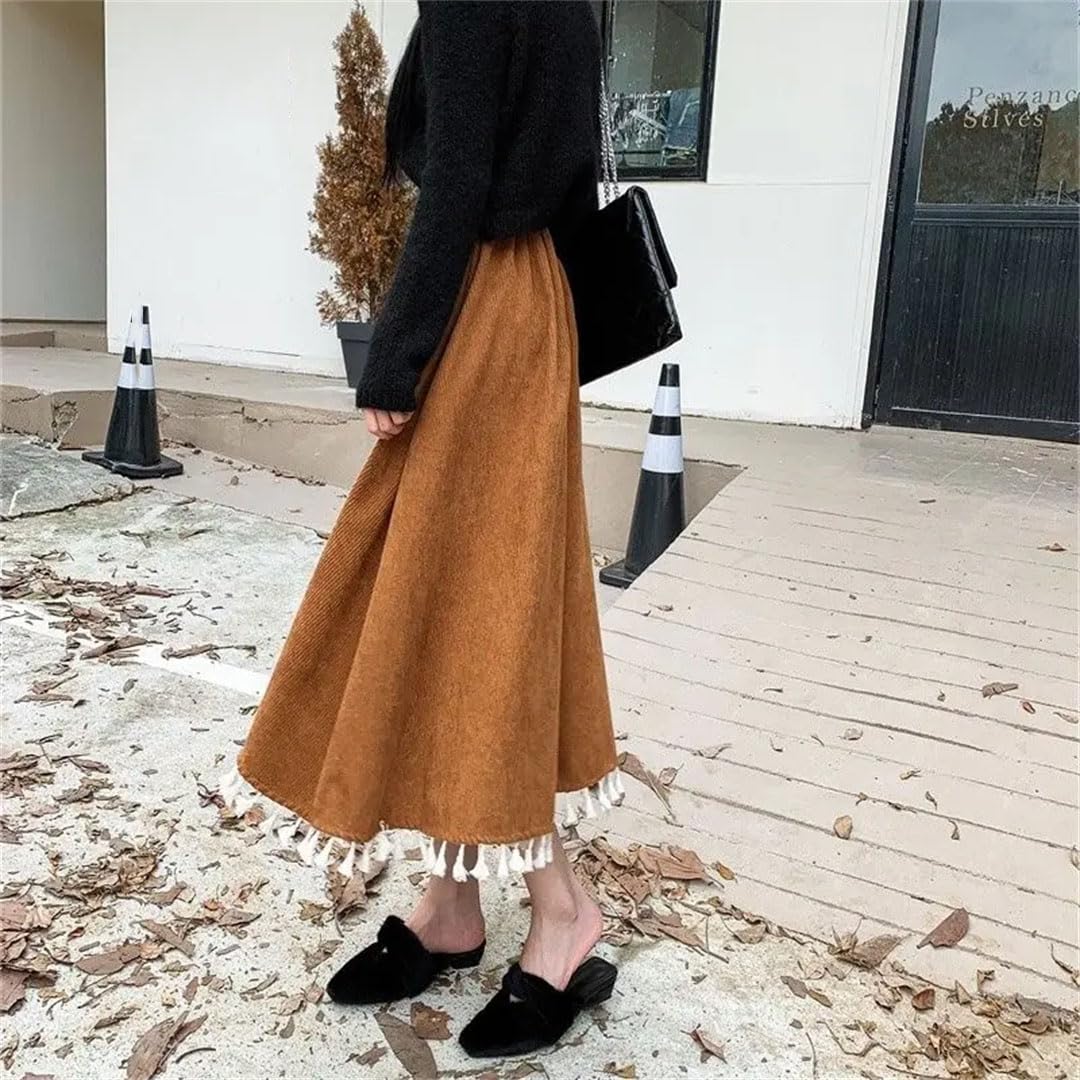 Donne Inverno Solido Allentato Nappa Pulsante Velluto A Vita Alta A-Line Retro Gonne al Ginocchio