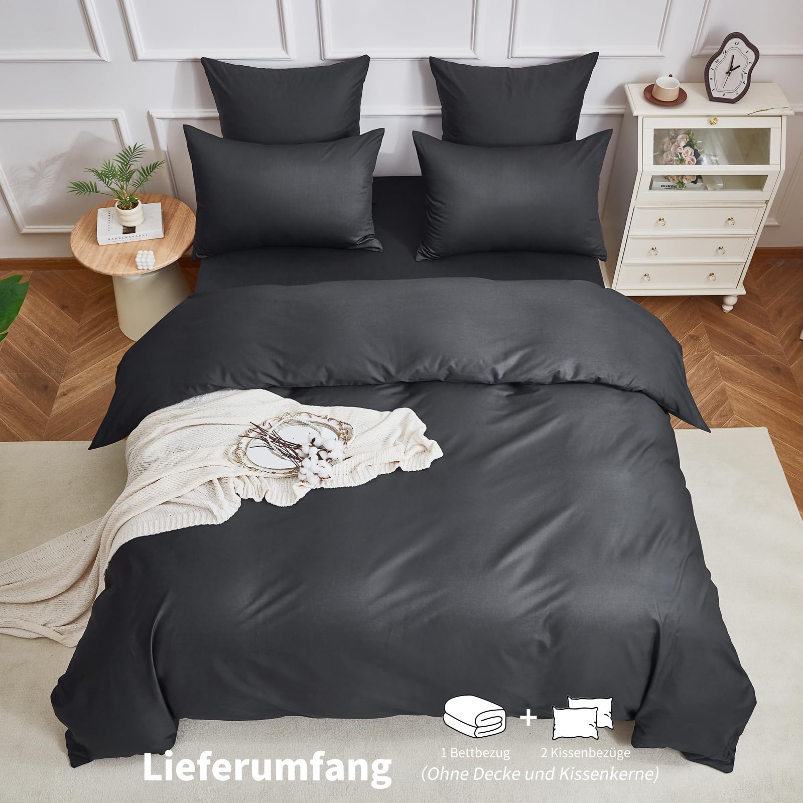 Bettwäsche 200x220 Baumwolle Grau Uni Bettwäsche 100% gekämmte Baumwolle Kühlend Glatt Glänzend Weich Atmungsaktiv Bettbezug Set 3 Teilig mit Reißverschluss und 2 Kissenbezüge 80x80 cm