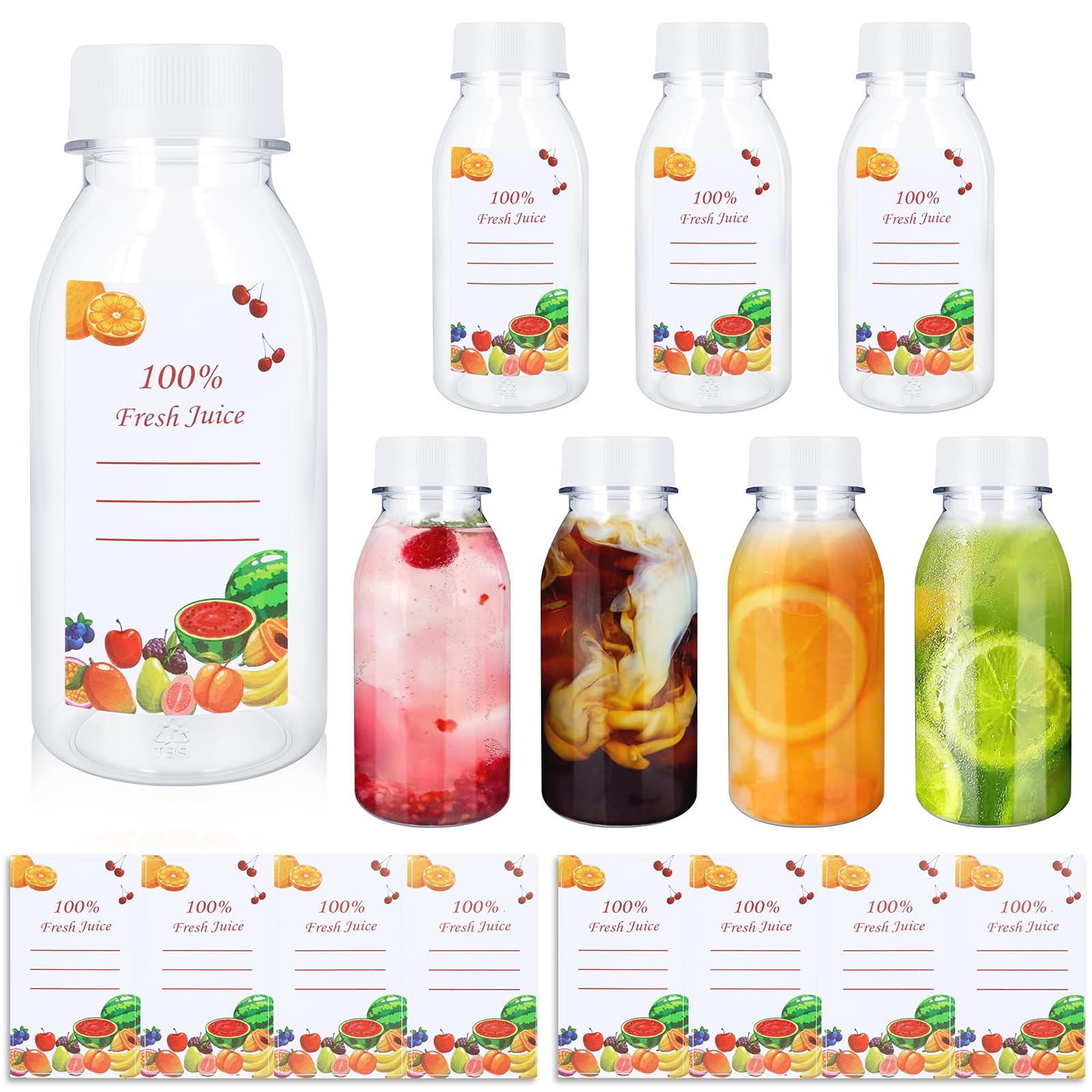Foretogo White 200Ml Plastic Juice Bottles,8 Pack Transparent Shot Bottle With Lids,Reusable Small Plastic Bottle With 8 Stickers,Empty Bottles For Storing Juices,Water And Drinks