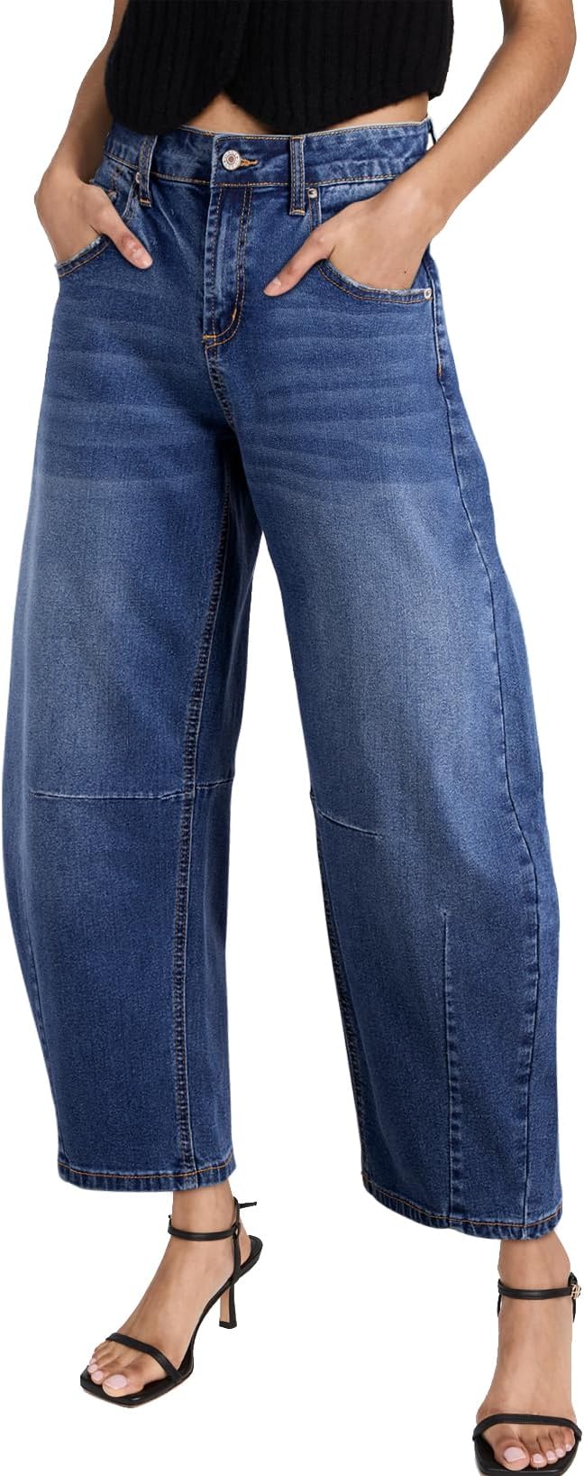 Women's Barrel Jeans Wide Leg Vintage Mid Rise Y2k Baggy Boyfriend Ankle Denim Pants