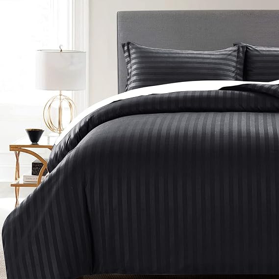 MOONLIGHT20015 Double Duvet Set Reversible Stripes Satin Double Bedding Set with 2 Pillowcases Soft Hypoallergenic Duvet Cover (Black 200x200 CM) (Pack of 2)