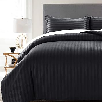 MOONLIGHT20015 Double Duvet Set Reversible Stripes Satin Double Bedding Set with 2 Pillowcases Soft Hypoallergenic Duvet Cover (Black 200x200 CM) (Pack of 2)