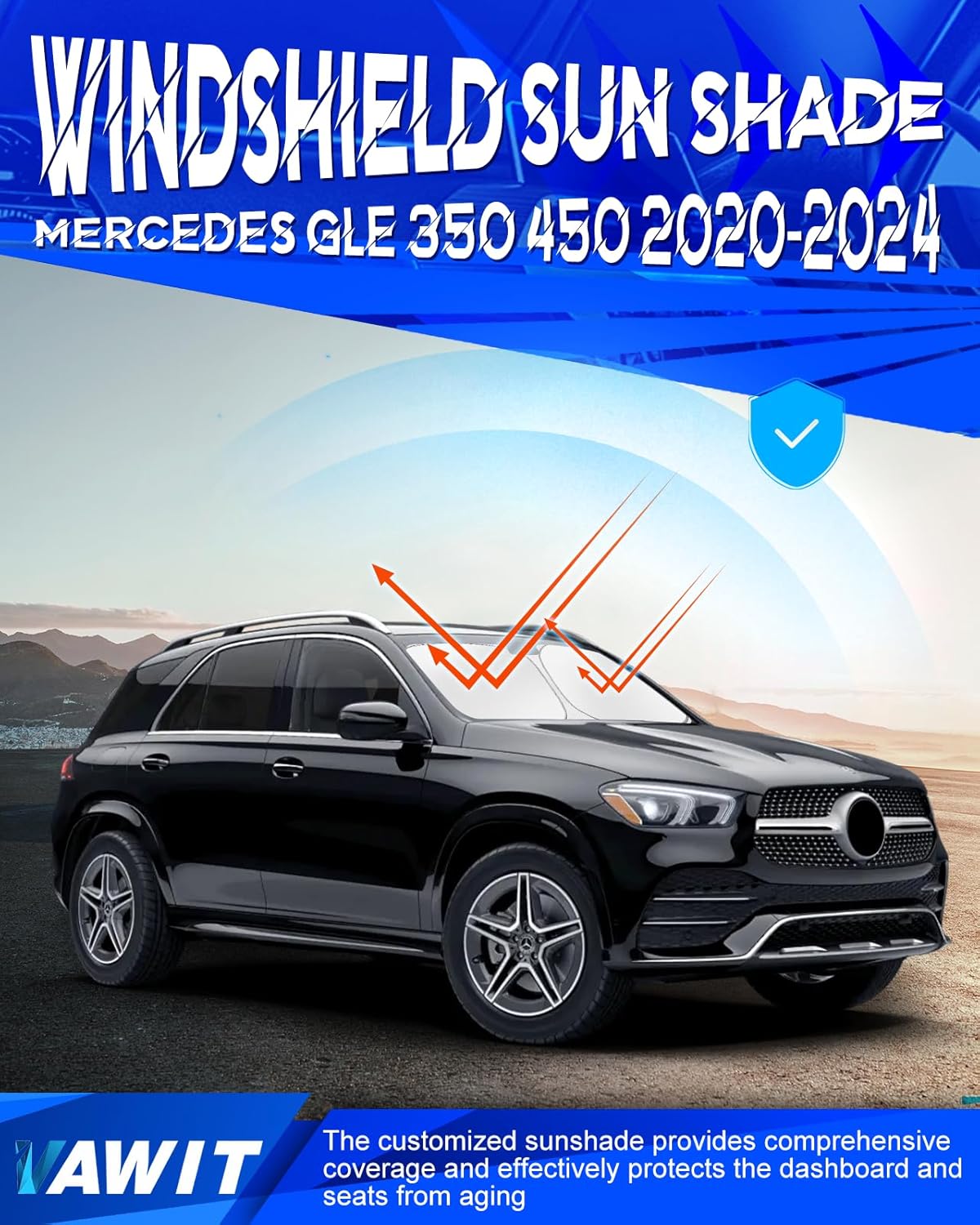 Car Windshield Sun Shade Compatible for 2020-2024 Mercedes GLE 350 450 Accessories, Foldable Window Sunshade Block UV Rays and Sun Heat